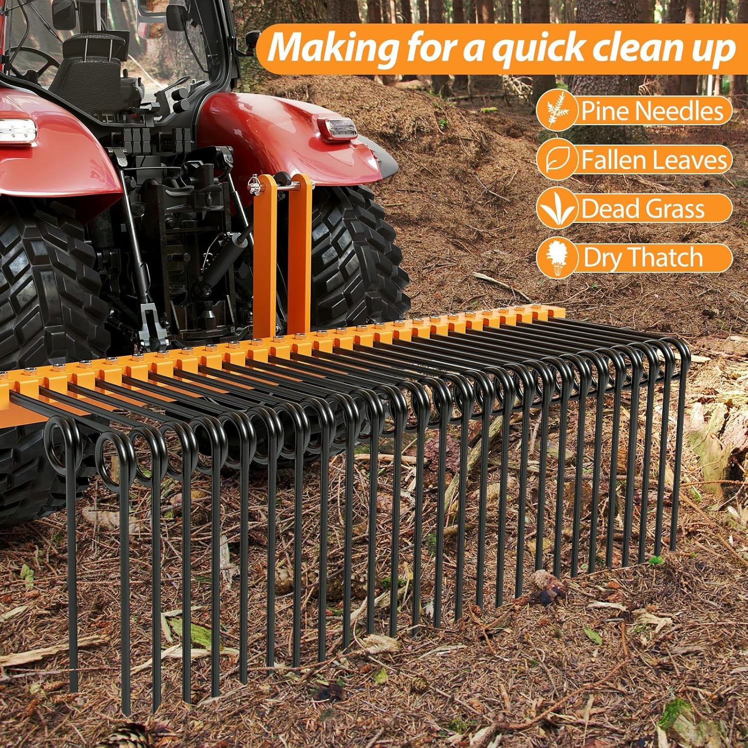 GARVEE 5ft 3-Point Pine Needle Rake Landscape Yard Tractor Attachment Fit Cat0,1