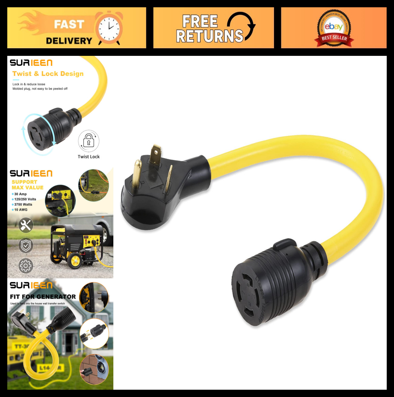 30 Amp Generator Adapter Cord 1.5FT, NEMA TT-30P to L14-30R, RV Power 4 Prong