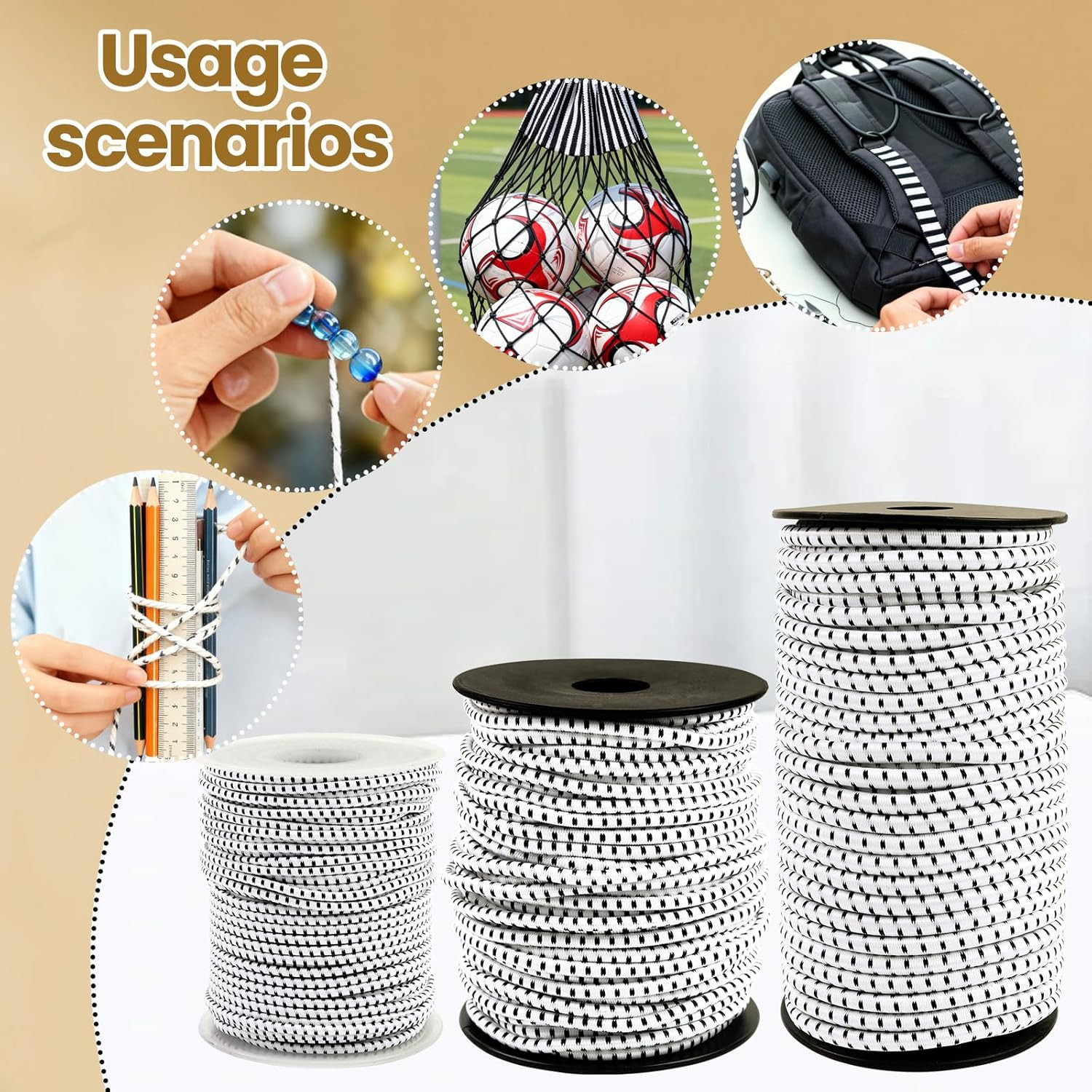 Bungee Cord Roll 1/8 Inch X 100 Feet, White Black Heavy Duty Elastic Shock Cord