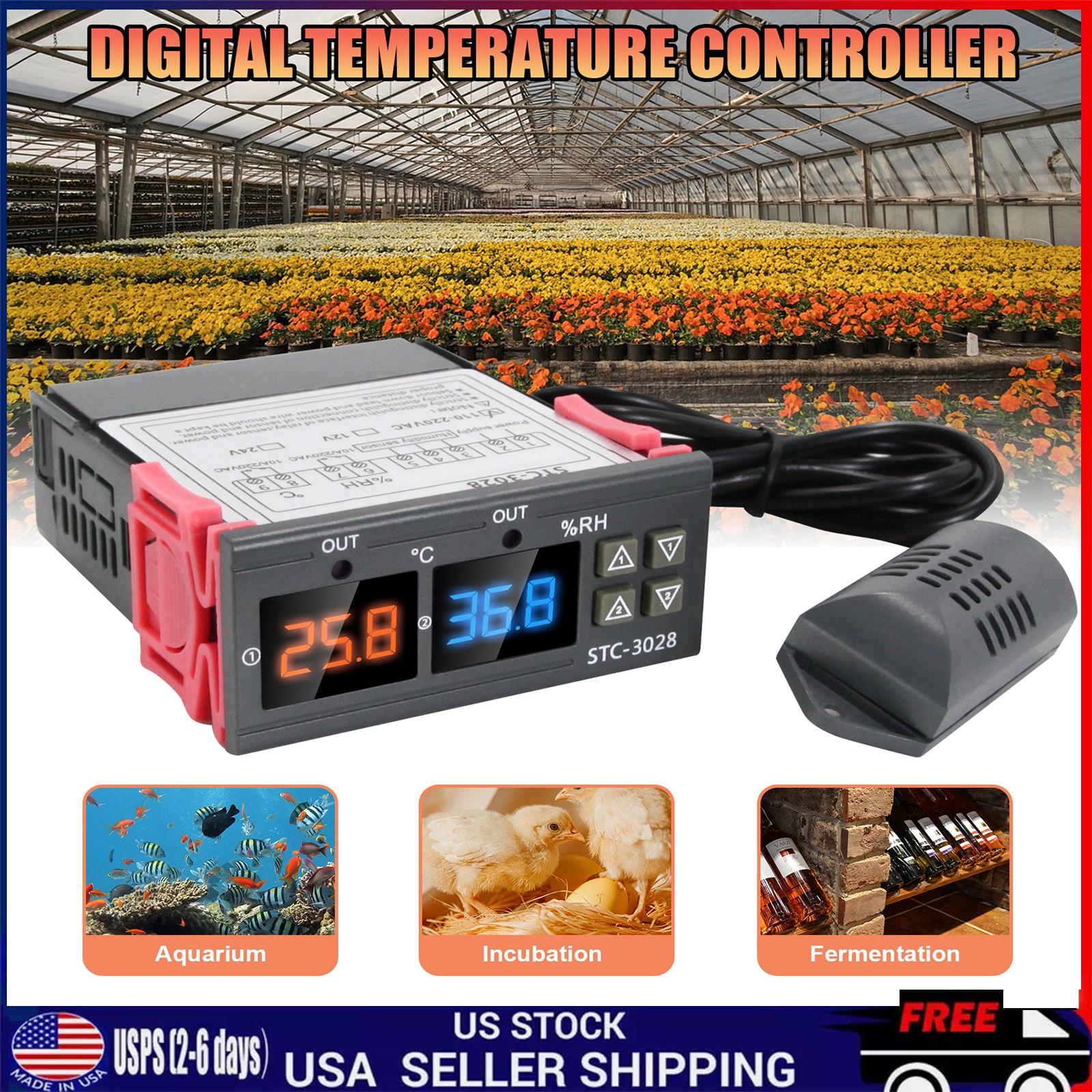 STC-3028 Dual LCD Digital Thermostat Temperature Humidity Controller AC110-220V