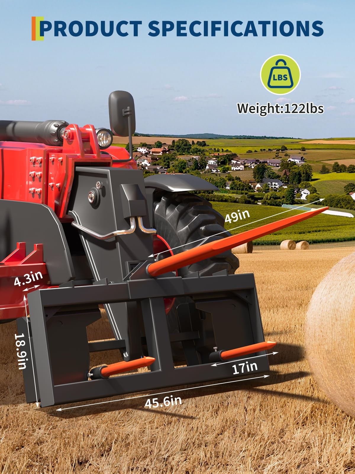 49″ Hay Spear Attachment 3000LBS Quick Attach with Hay Spear & Stabilizer Spears