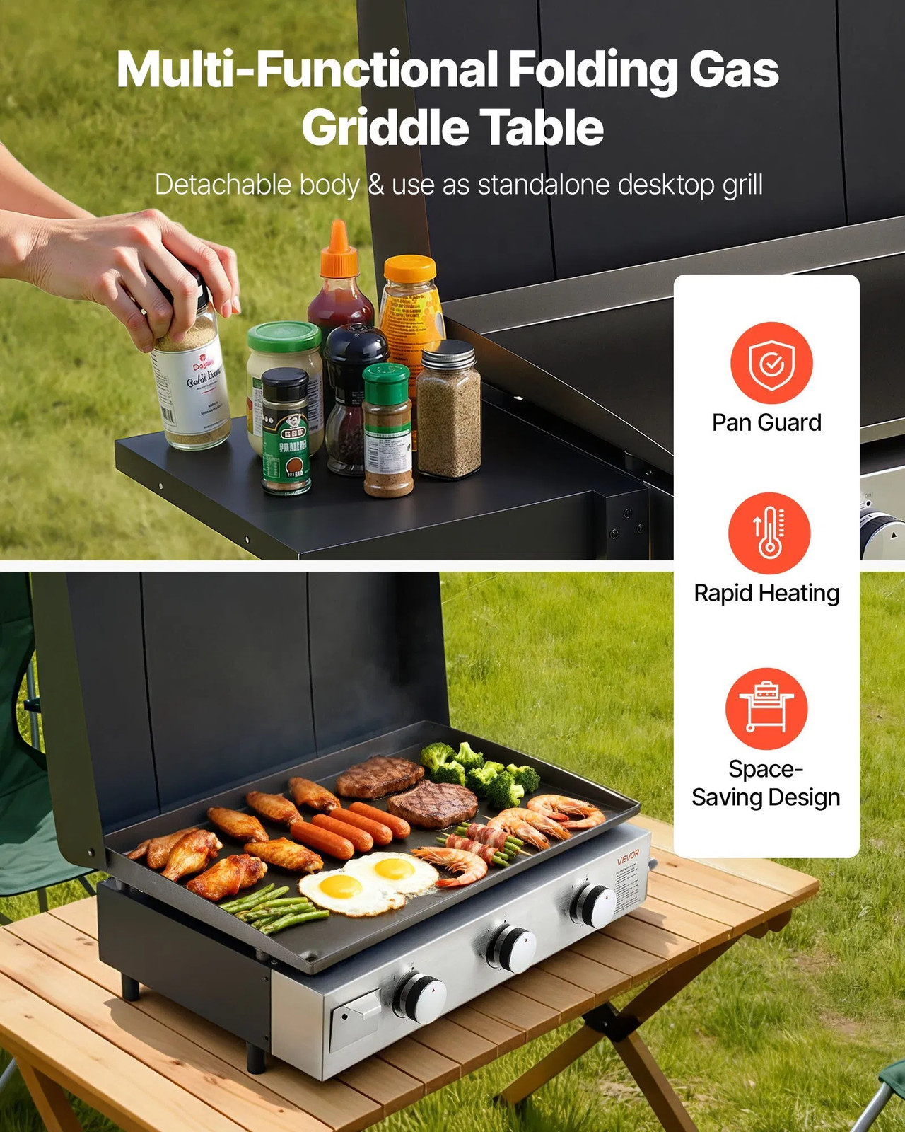 Gas Griddle, 3-Burner Flat Top Grill, Propane Griddle with Wheels, Lid, 3 x 1100