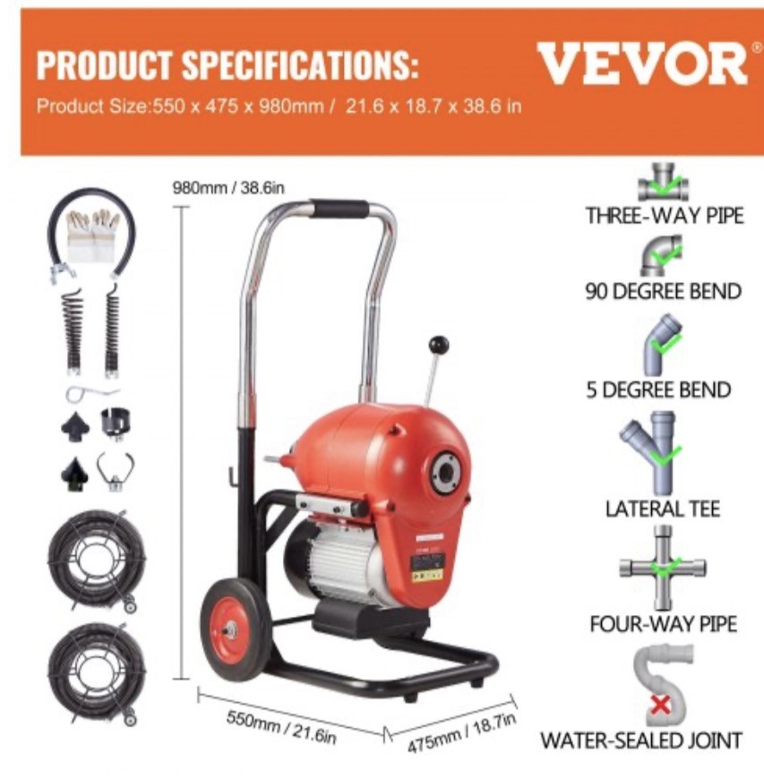 GQ-200B Drain Cleaner 1100W w/ 120 ft Steel Cable, 5inch Thickness