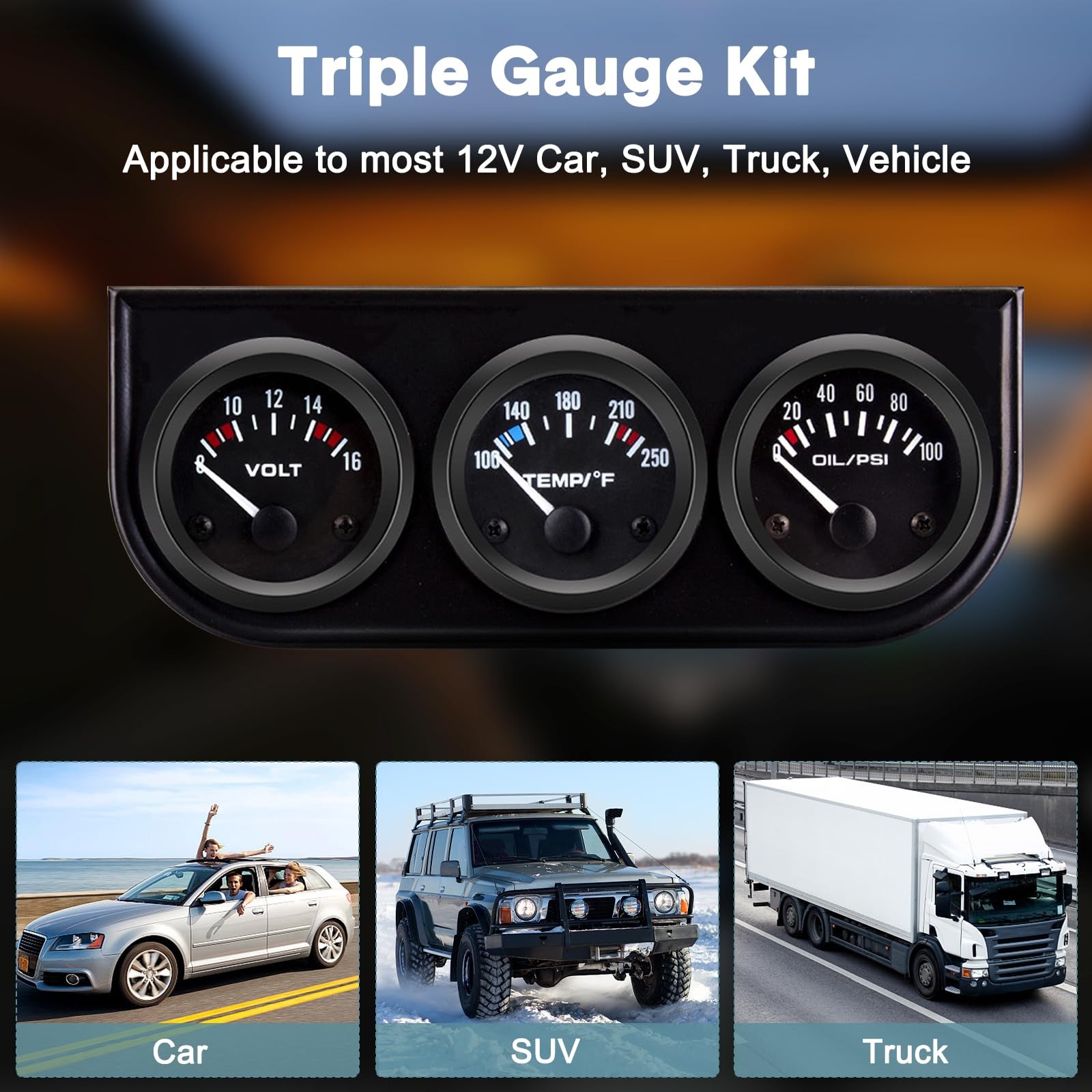 52mm 3 in 1 Car Auto Gauge Kit (Volt Meter+Water Temp+Oil Pressure Meter) Sta…
