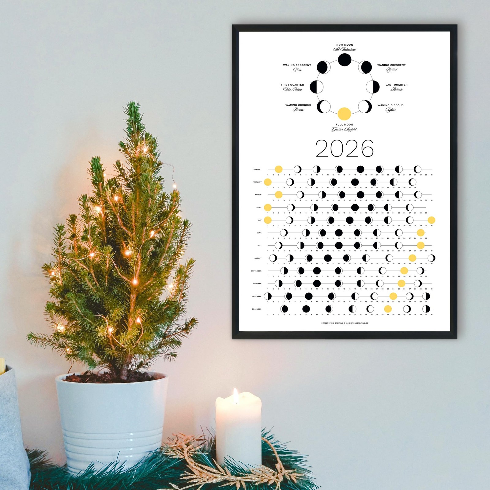 2026 Light Moon Phase Calendar (SHIPS FLAT) Hangable Lunar Wall 2026