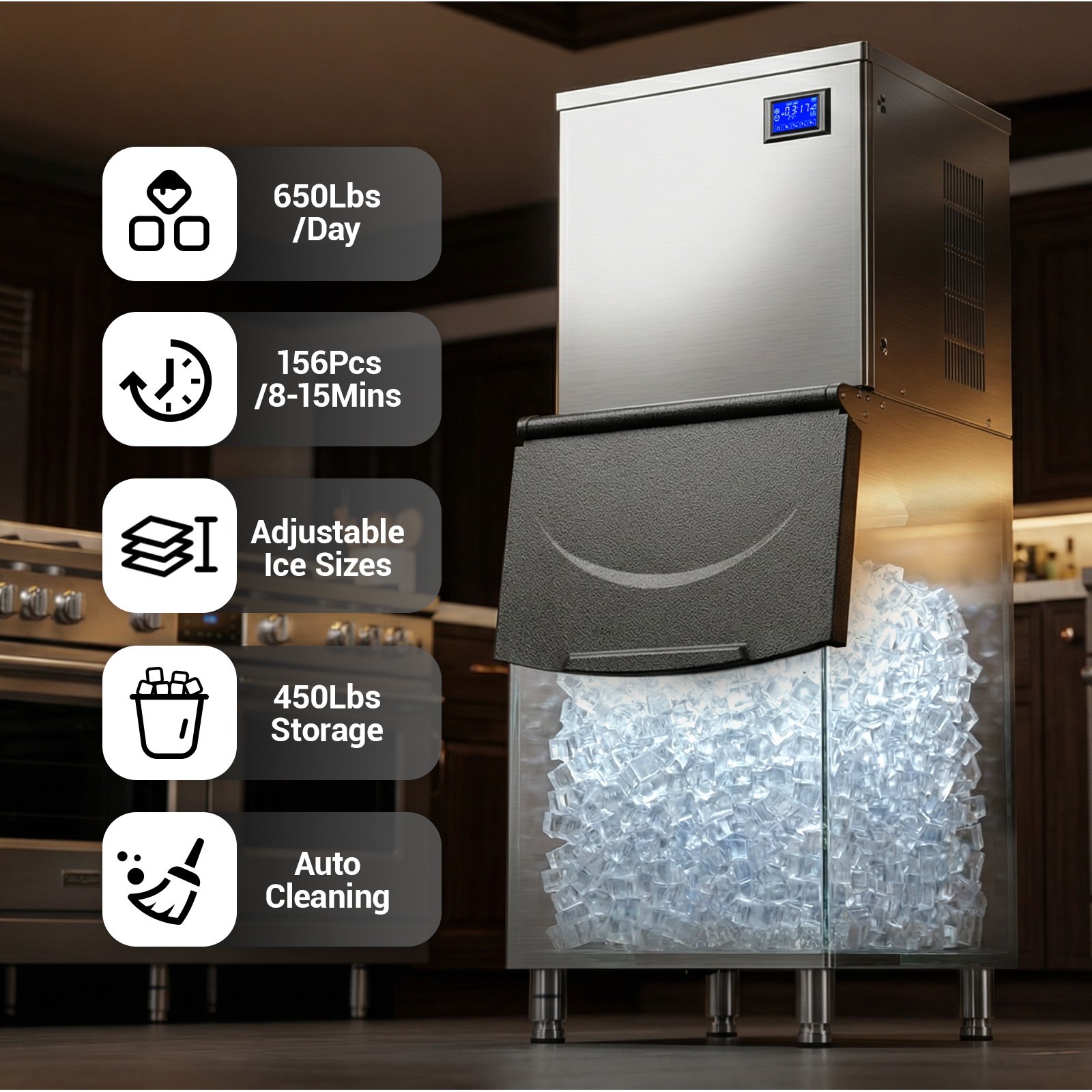 Heavy Duty 650Lbs/24H Commercial Ice Maker Machine 450Lbs Industrial Ice Machine