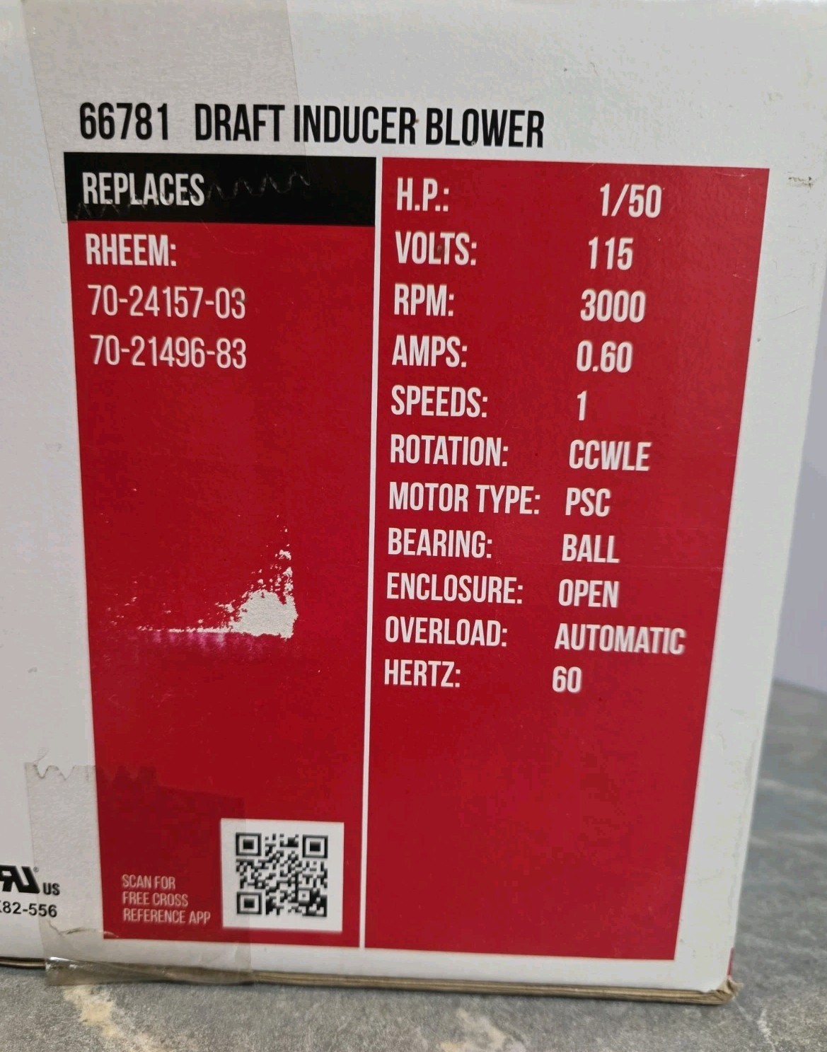 Packard 66781 Rheem Replacement Draft Inducer Blower Motor 115V 0.6 Amp