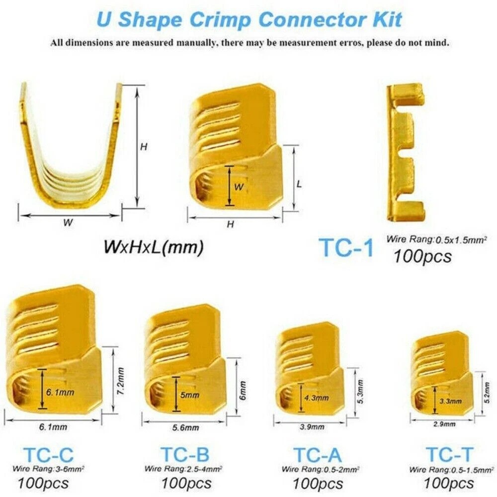 500X Non-Insulated U Shape Copper Terminals Crimp Assortment Kit For Cable Wire