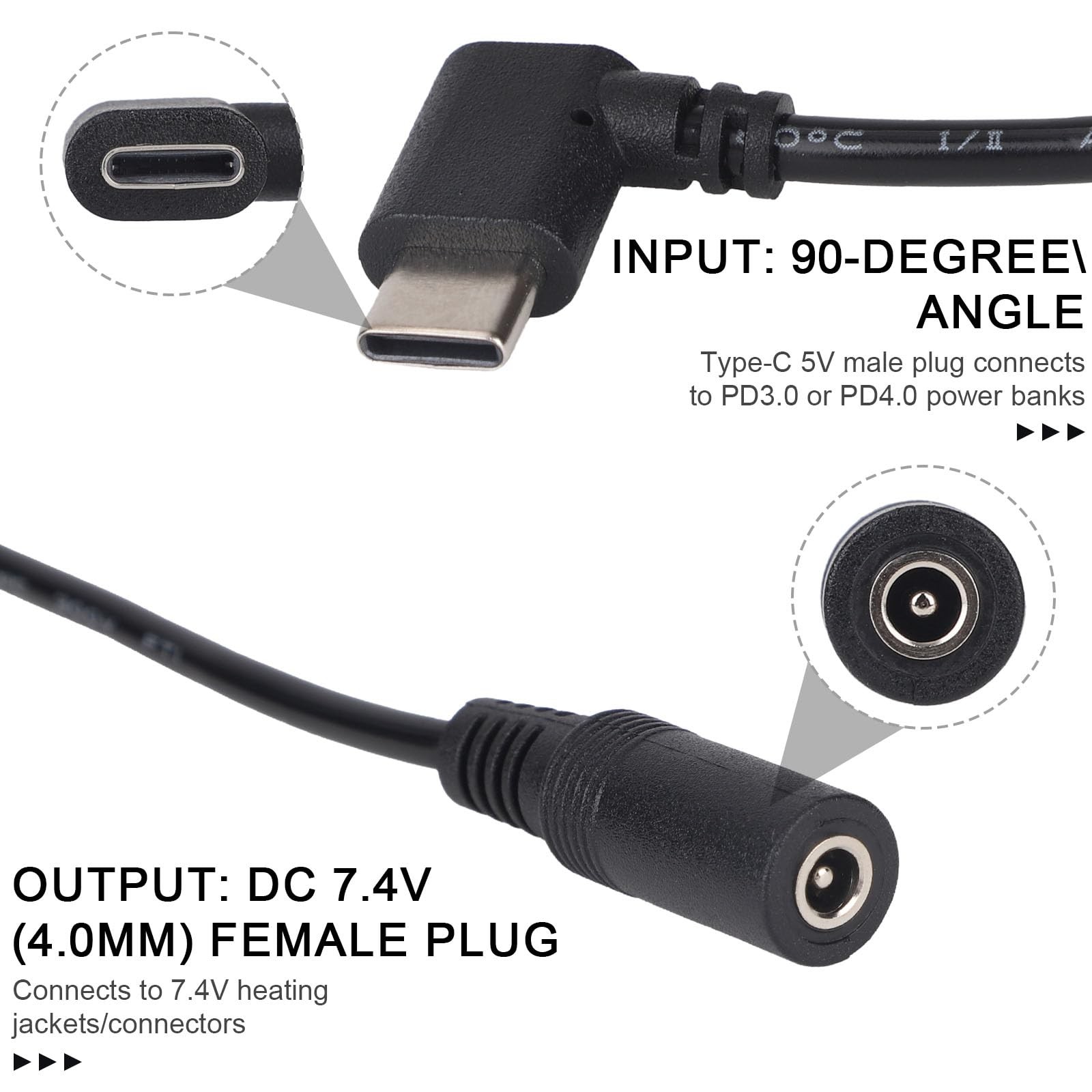 2pcs Type-C to DC Adapter for ORORO Jackets and Vests, 7.4V Heated Vest Adapter