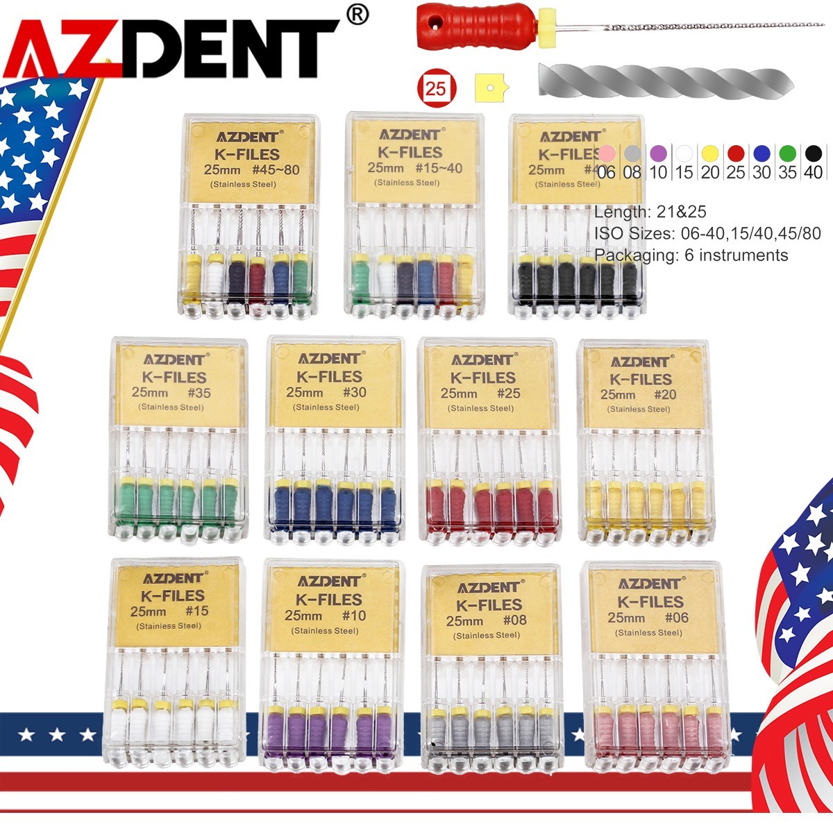 AZDENT Dental Endo Root Canal File K-FILES Stainless Steel Hand Use 21/25 mm