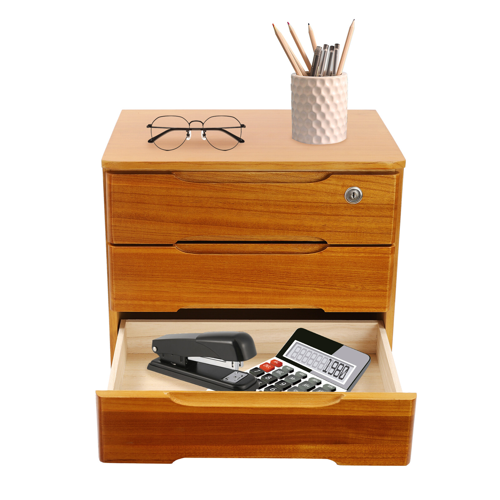Wooden Desktop Storage Box 3-Tier Desk Organizer w/ Lockable Drawers 30kg max.
