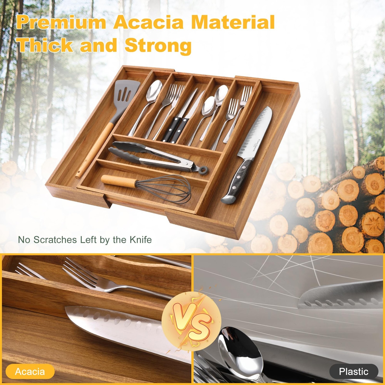 Large Premium Acacia Silverware Organizer – Expandable Drawer Organizer & Ute…