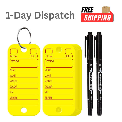 KIUKIUO 200 Pcs PVC Key Tags with Rings & Markers – Yellow