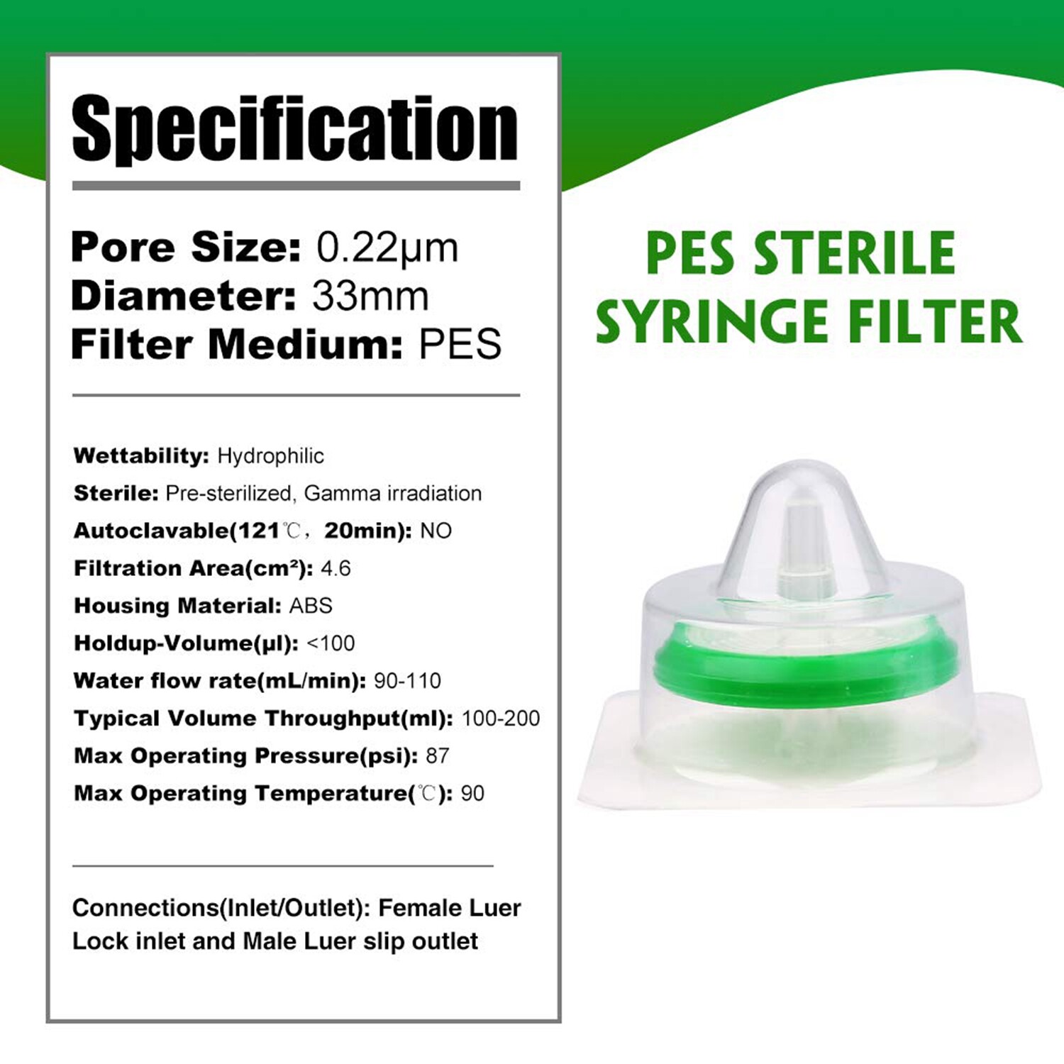 10/30/50/100Pcs Sterile Syringe Filter 33mm 0.22 Micron PES Membrane Hydrophilic