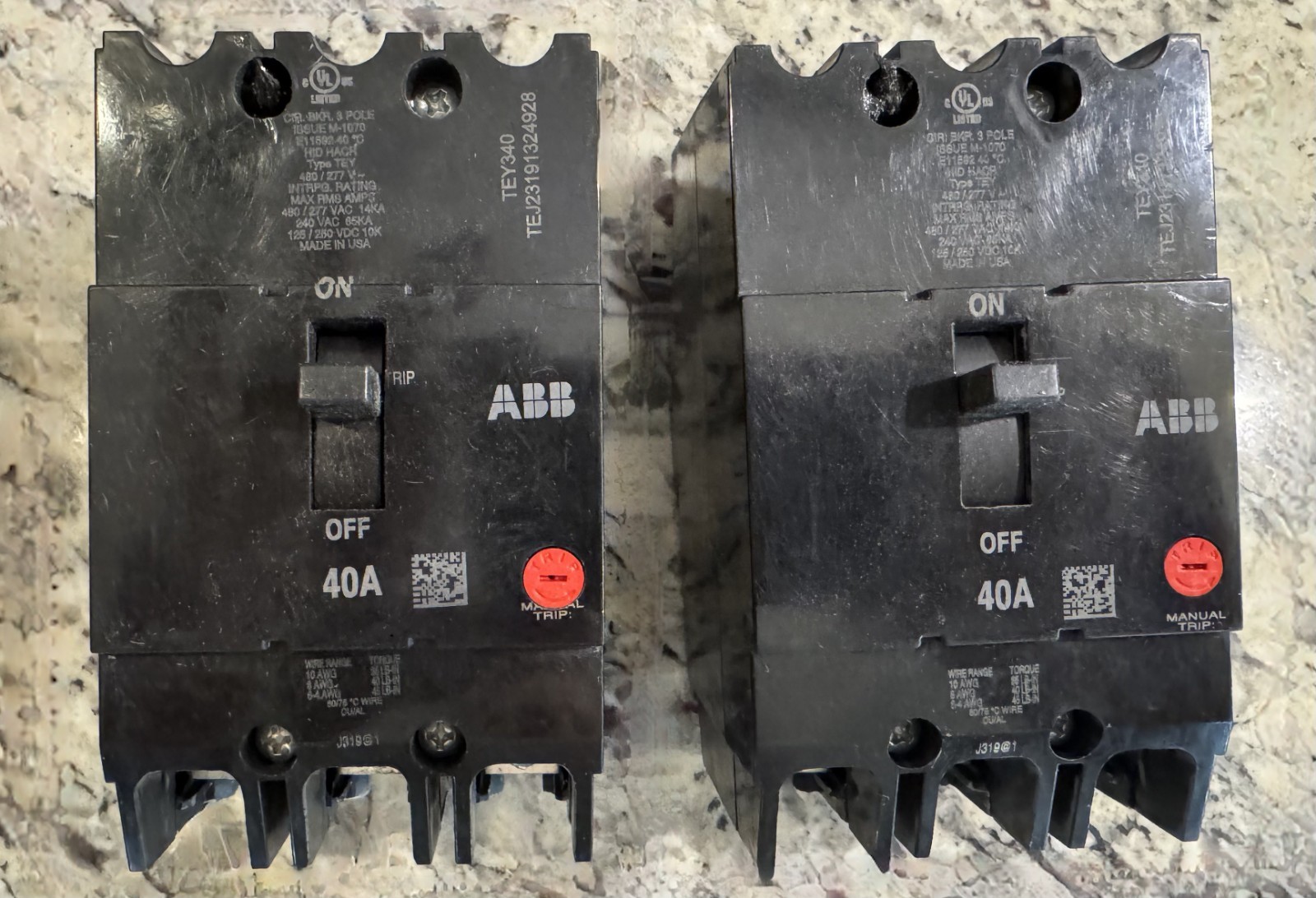 2x Pack Lot ABB TEY340 Molded Circuit Breaker 40A 480VAC 3Pole MADE USA