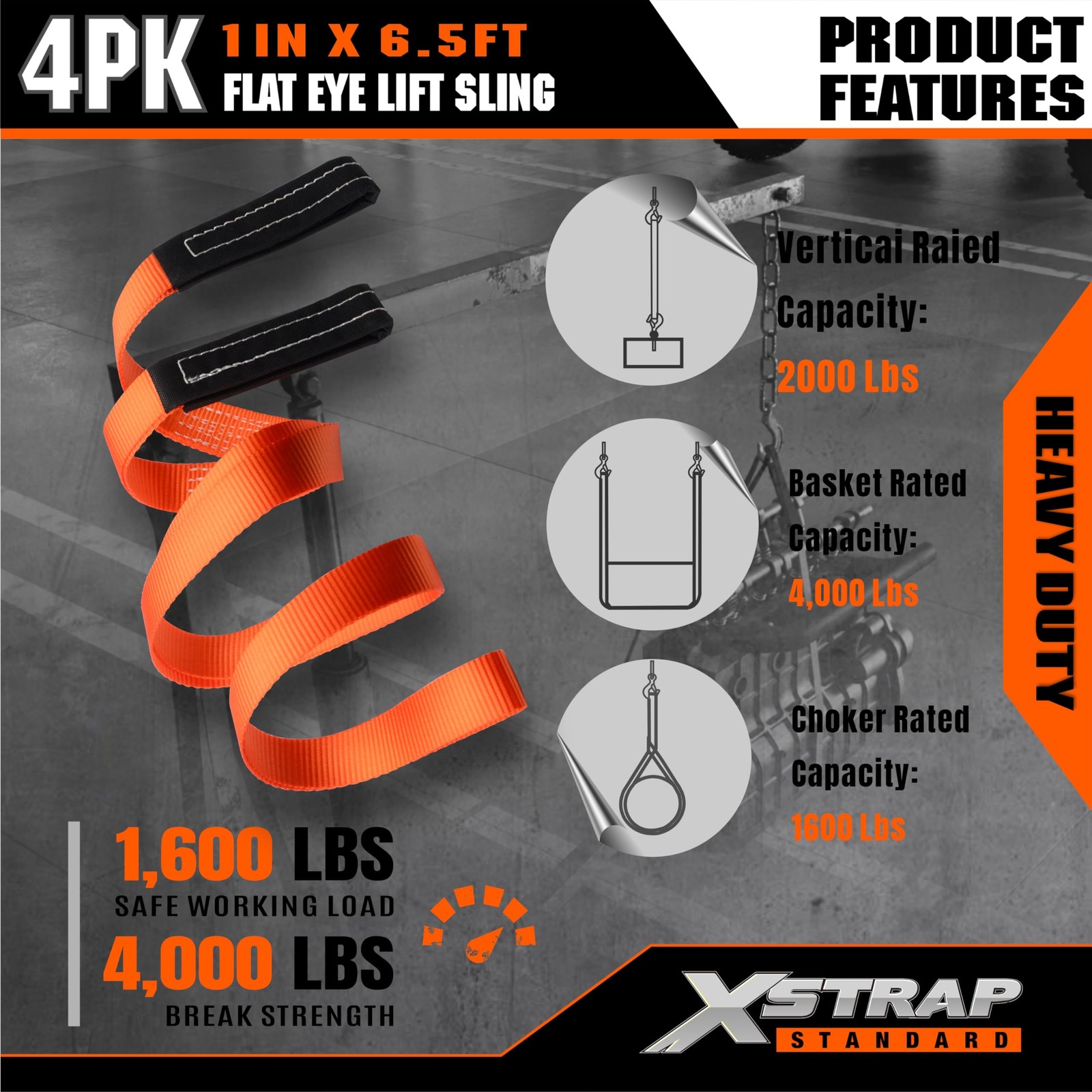 4PK 1″x6.5ft Lifting Sling Straps 2000 lb Vertical Capacity