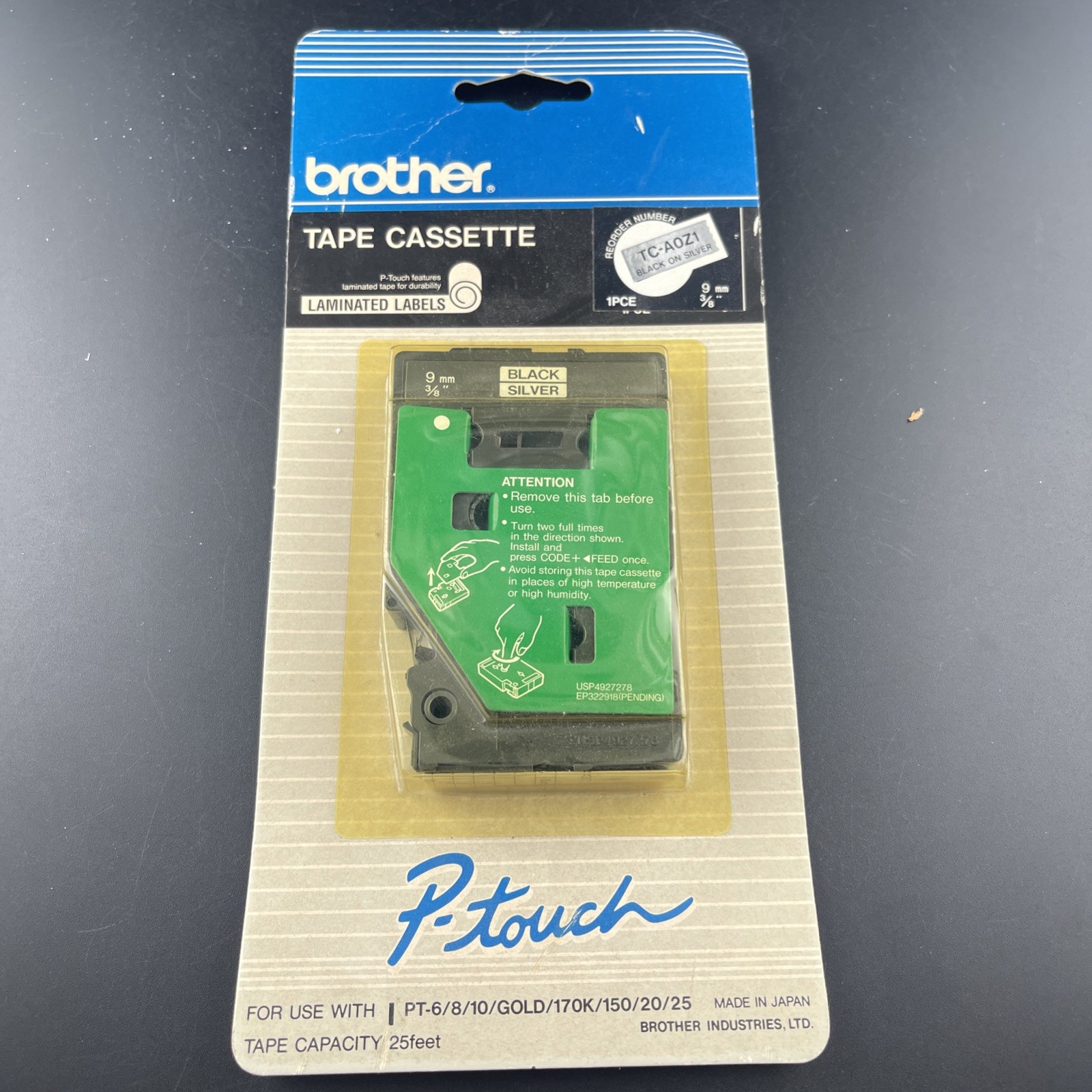 Brother TC-A0Z1 Black on Silver P-Touch 9 3/8 mm Label Tape Cassette 25 Feet