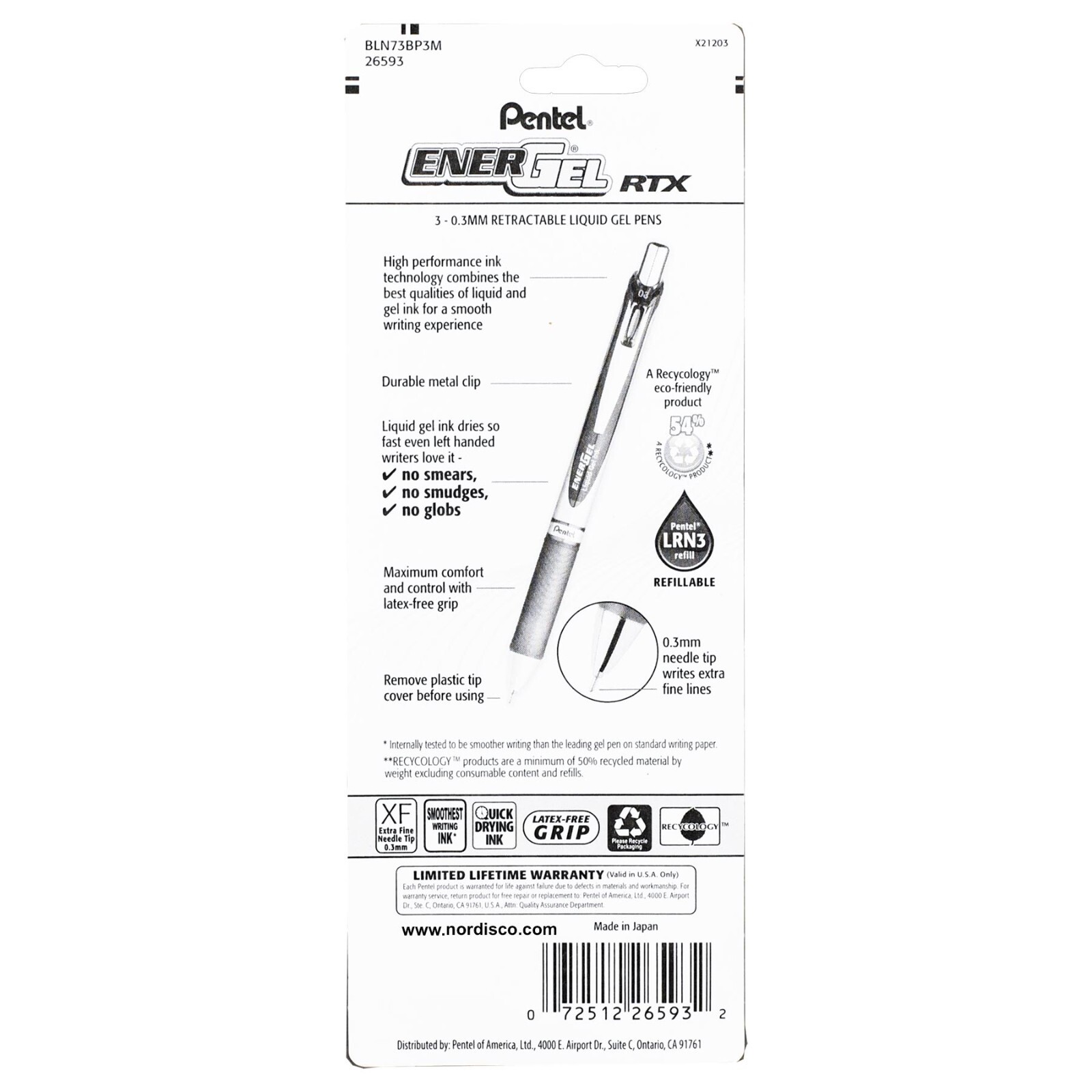 Pentel Energel RTX BLN73BP3M 0.3mm Needle Tip Pens, Black, Blue, Red Ink, 3 Pens