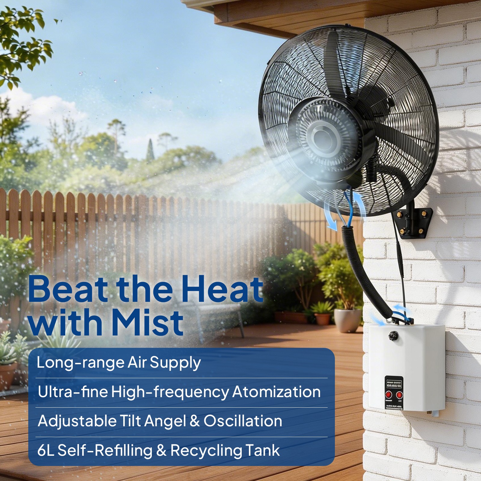 Outdoor Wall-Mount Misting Fan Oscillating Metal Fan 20» 4 Speeds w/Water Tank
