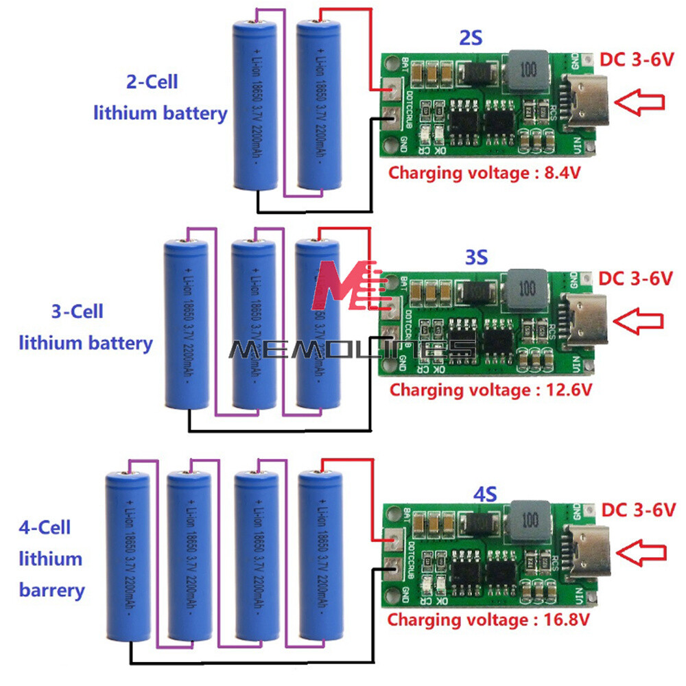 DC3-6V to 8.4/12.6/16.8V 1-4A Boost 18650 Li-ion Battery Charger 2S 3S 4S USB-C