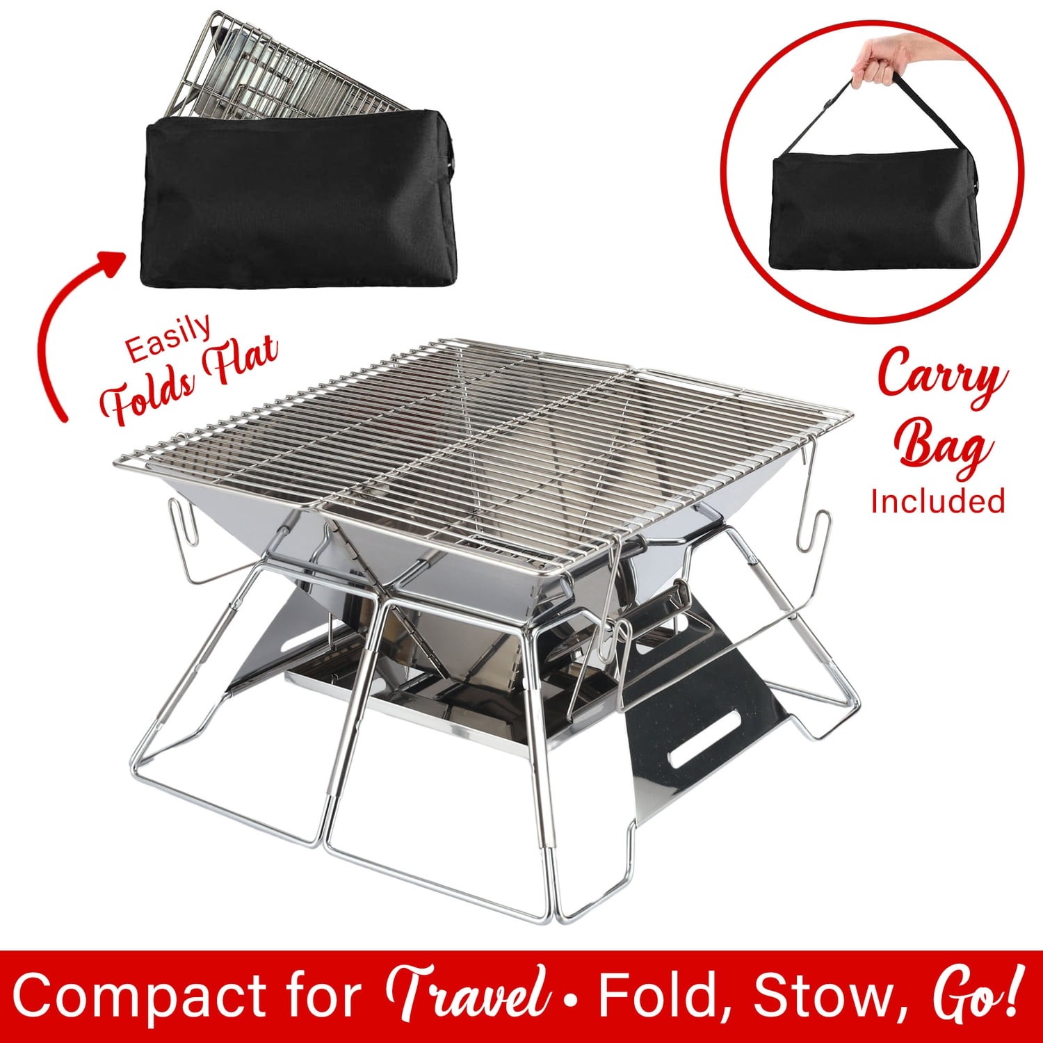 14-In. x 14-In. Stainless Steel Portable Folding Charcoal BBQ Grill and Outdoor