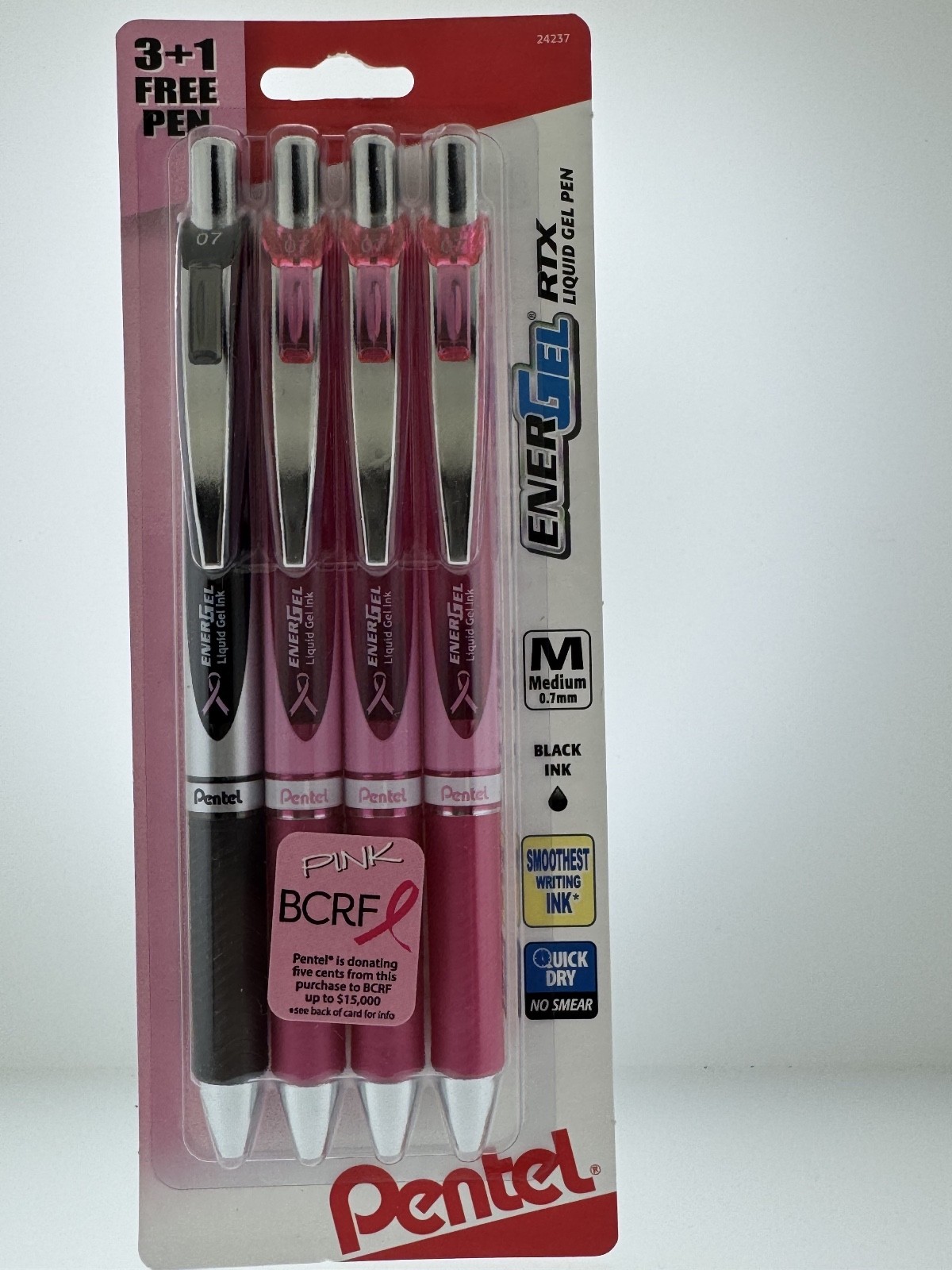 4 Pentel EnerGel RTX Gel Pens MEDIUM 0.7mm BLACK Ink LIQUID BCRF PEN CANCER PINK