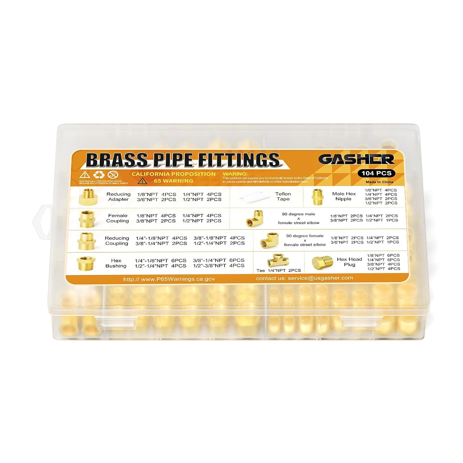 104Pcs Brass Pipe Fittings Assortment Kit, Reducing Adapter, Hex Nipple, Female