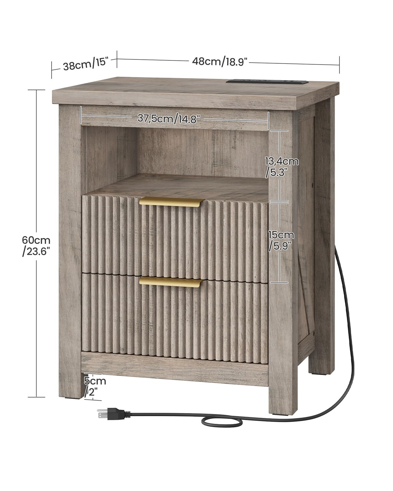 Fluted Nightstand Set of 2 with Charging Station and 2 Drawers