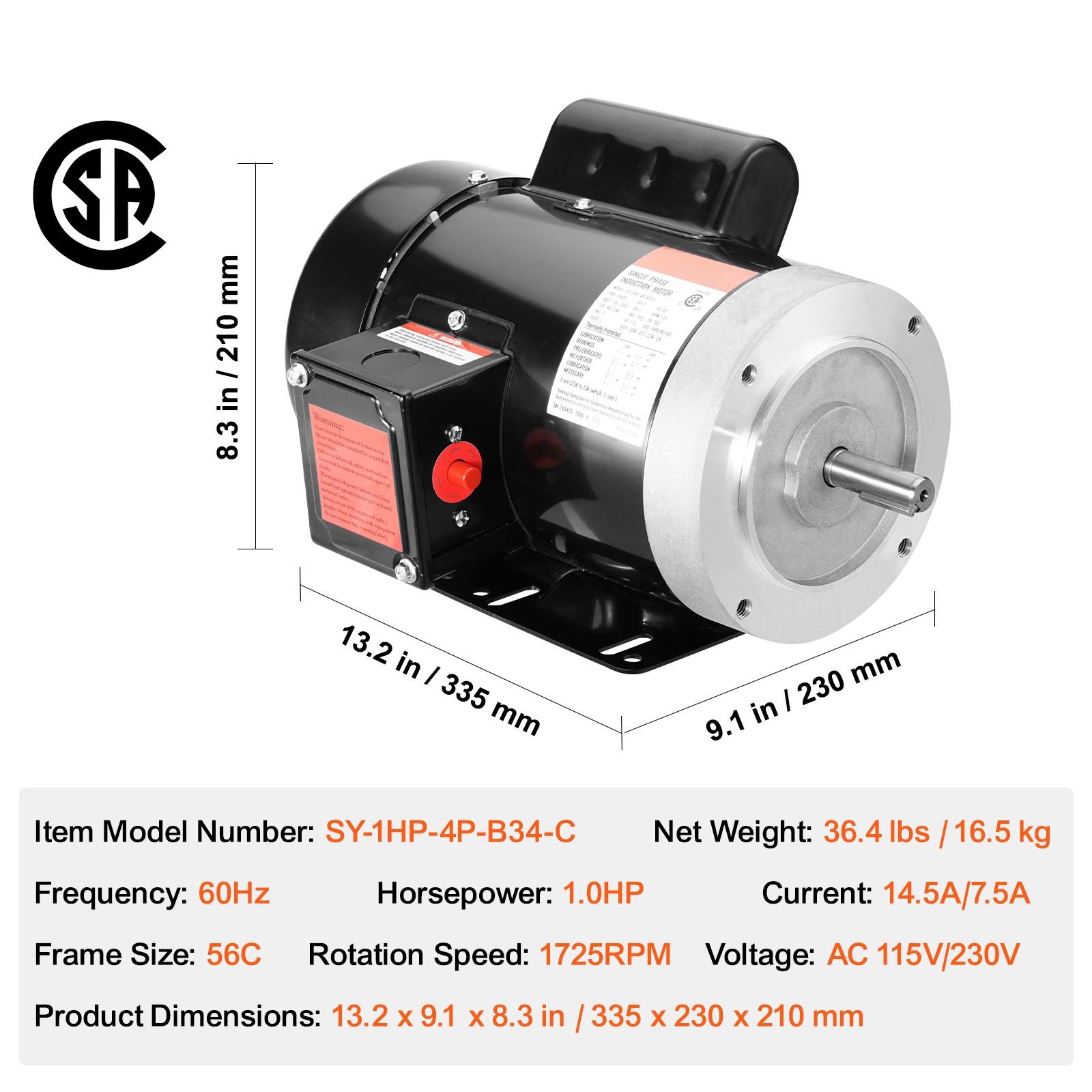 1HP Electric Motor 1725 rpm, AC 115V/ 230V, 56C Frame, Air Compressor Motor