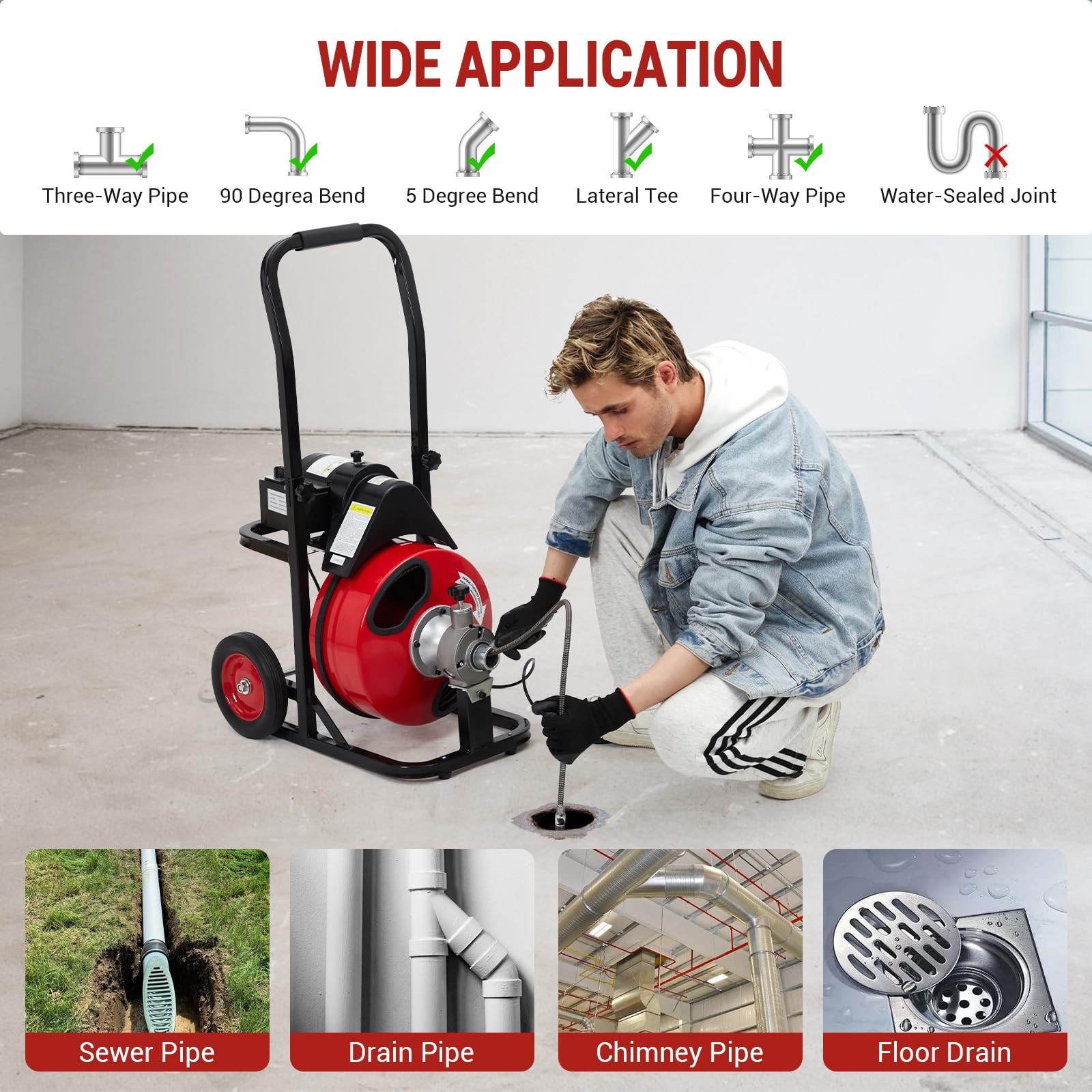 Auto Feed 75 ft x 1/2 in Drain Cleaner Machine with 370W Motor, Portable Sewe…