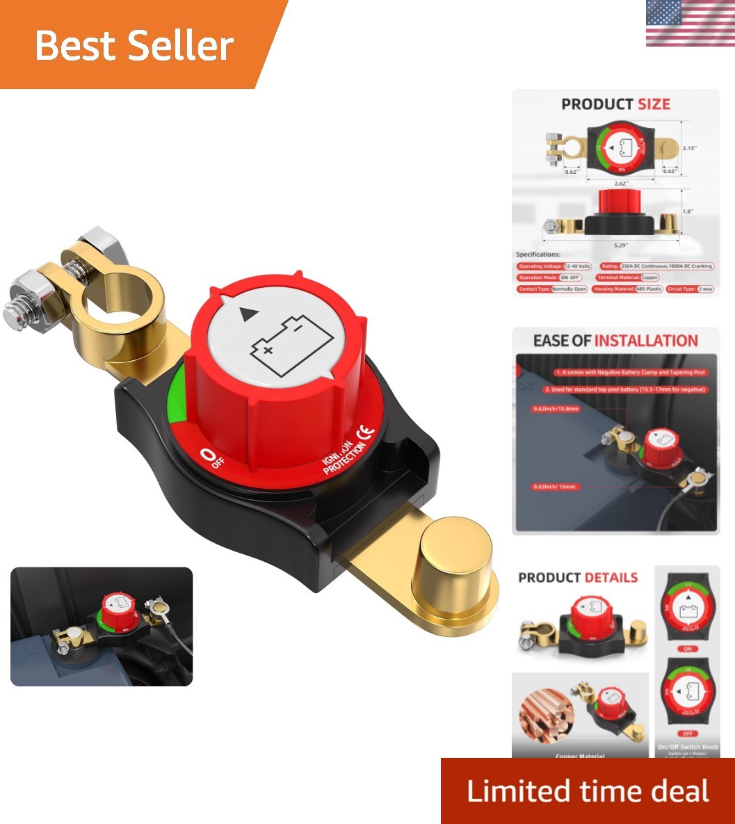 Top Post Battery Disconnect Switch 12V-48V Battery Kill Switch Negative On/Of…