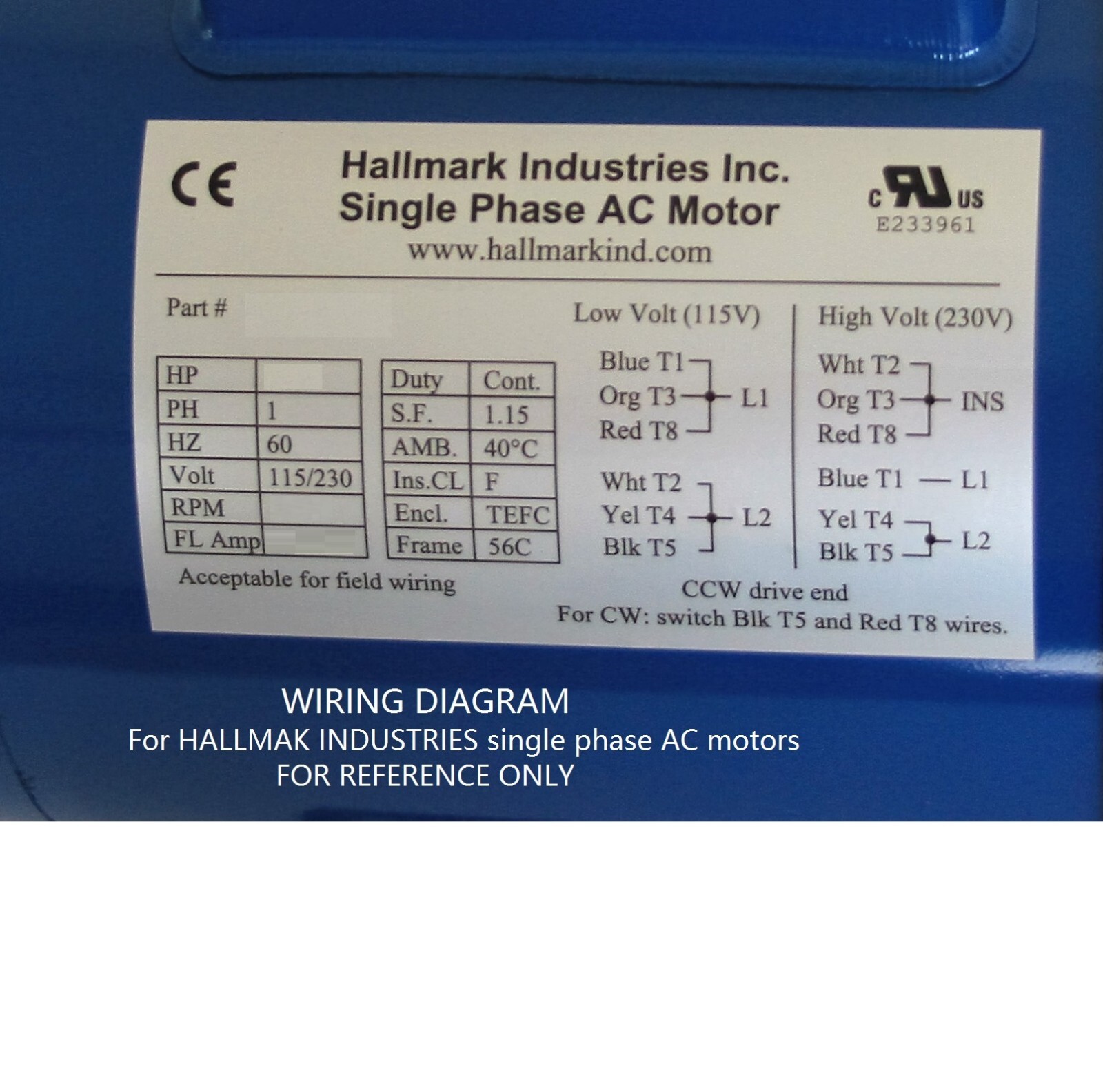 AC MOTOR, 1.5HP, 1725RPM, 1PH, 115V/208-230V, 56C/TEFC, With base