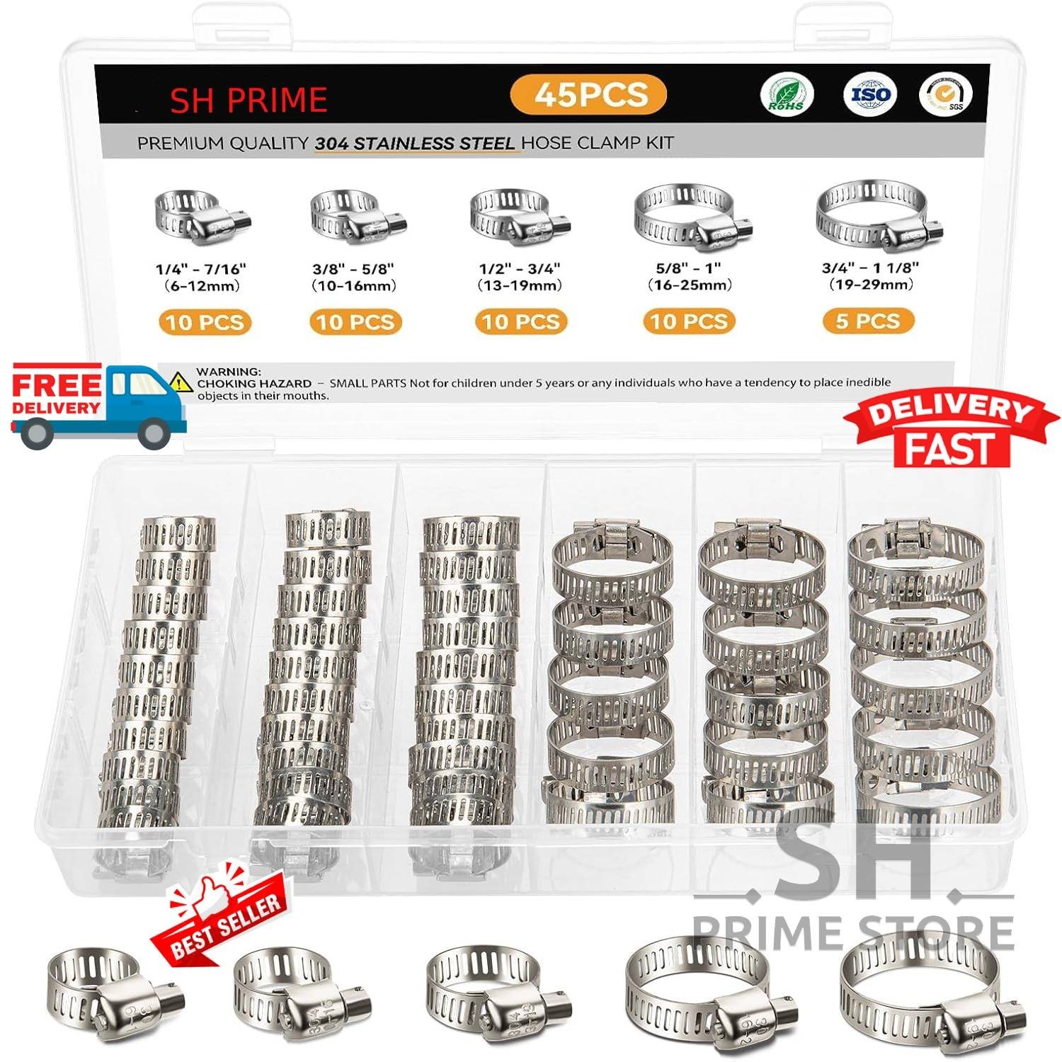 45PCS Adjustable Hose Clamps Worm Gear Clip Stainless Steel Clamp Assortment Kit