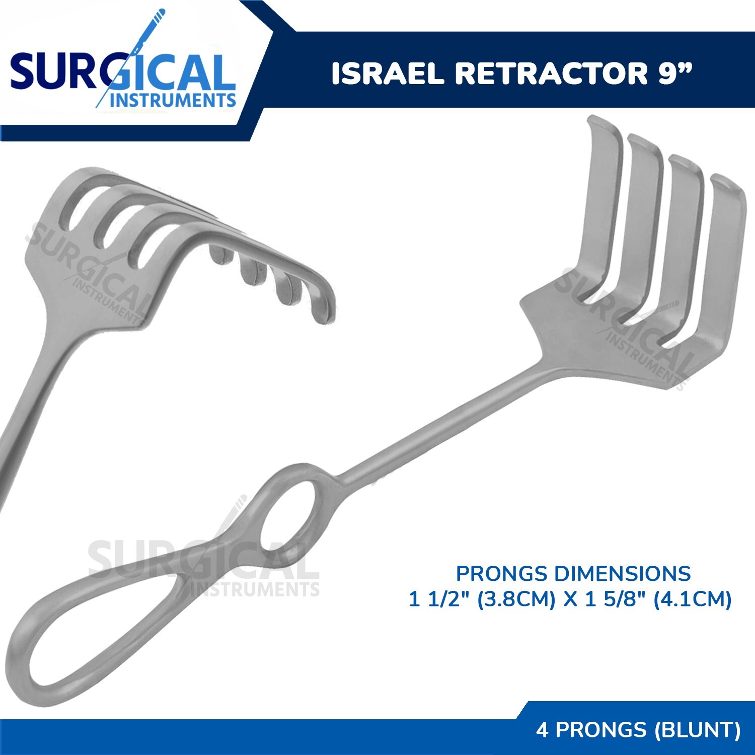 Israel Retractor 9″ With 4 Blunt Prongs 1 1/2″ X 1 5/8″ Stainless German Grade