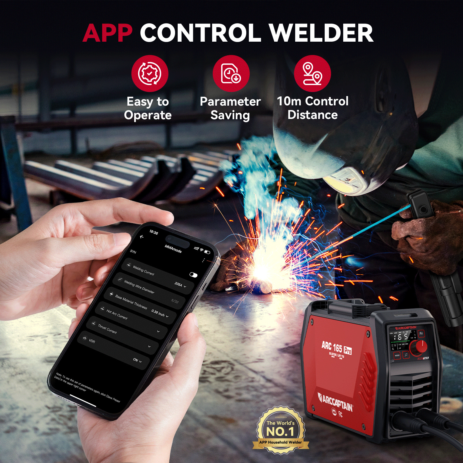 ARCCAPTAIN 165A APP-Controlled Stick & TIG Welder – Digital MCU Dual Voltage