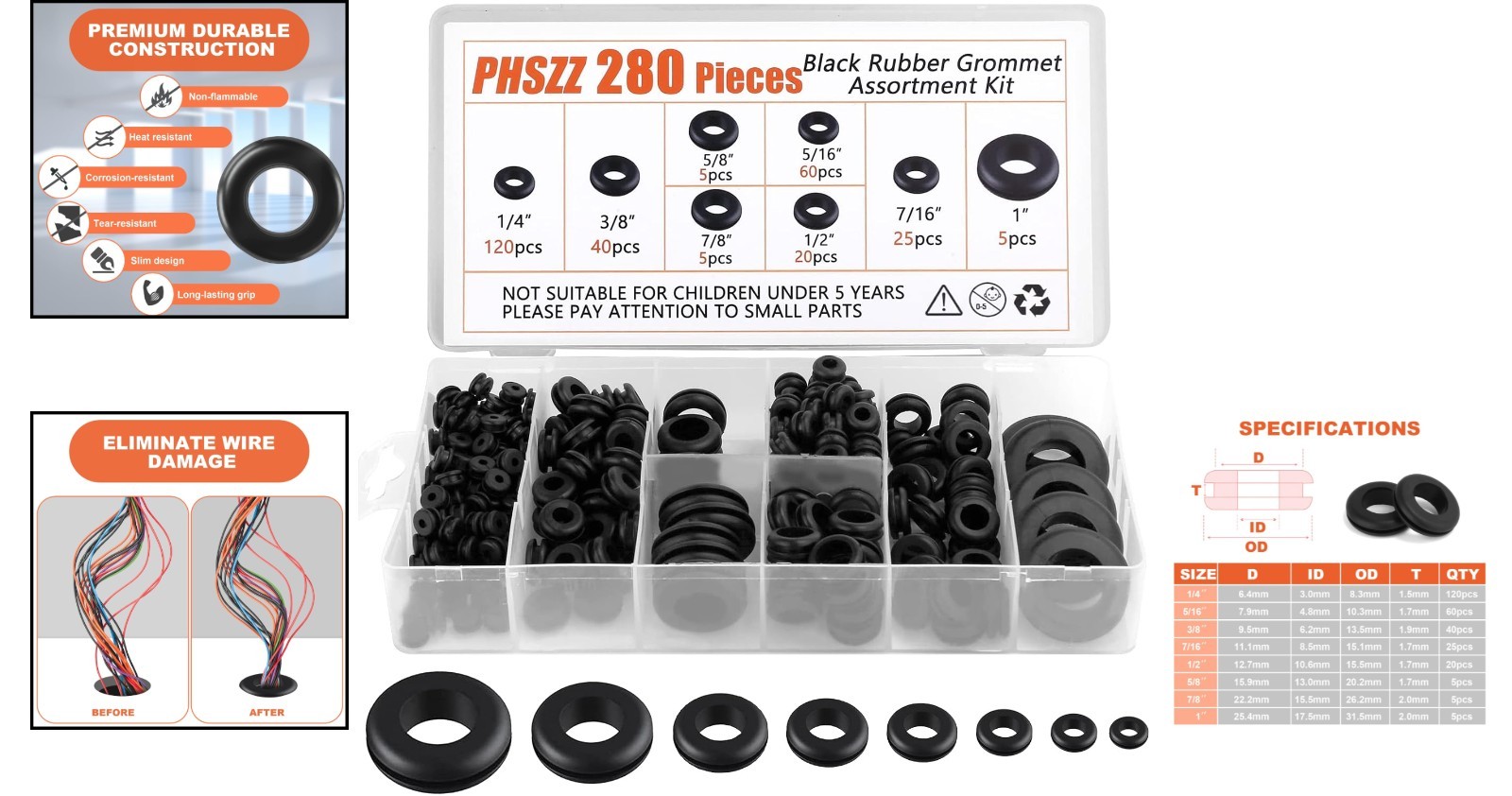 280 pcs Rubber Grommet Kit, 8 Sizes for Wiring, Automotive & Plumbing