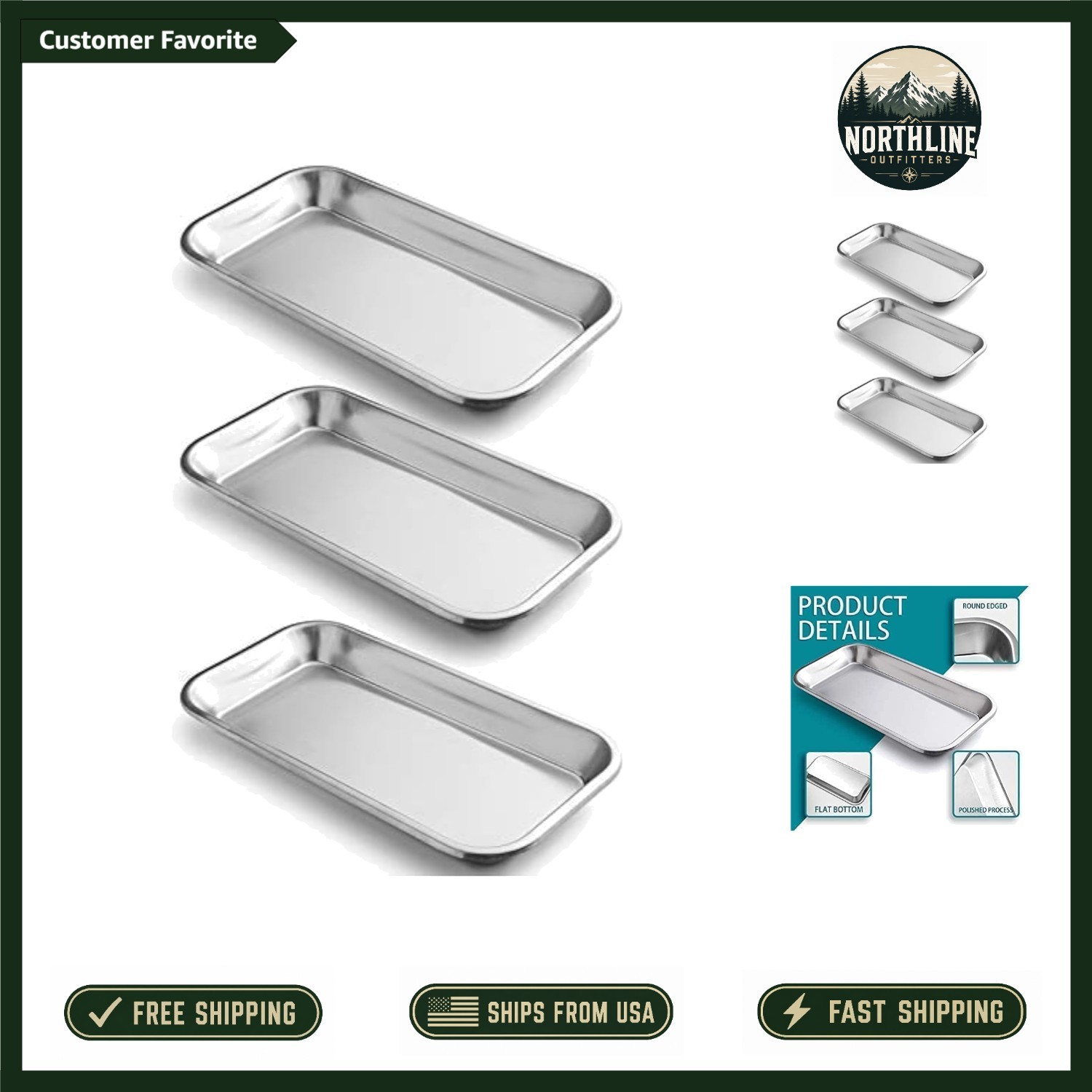 Elegant 3 Pack Surgical Trays in Stainless Steel for Instruments & Daily Use