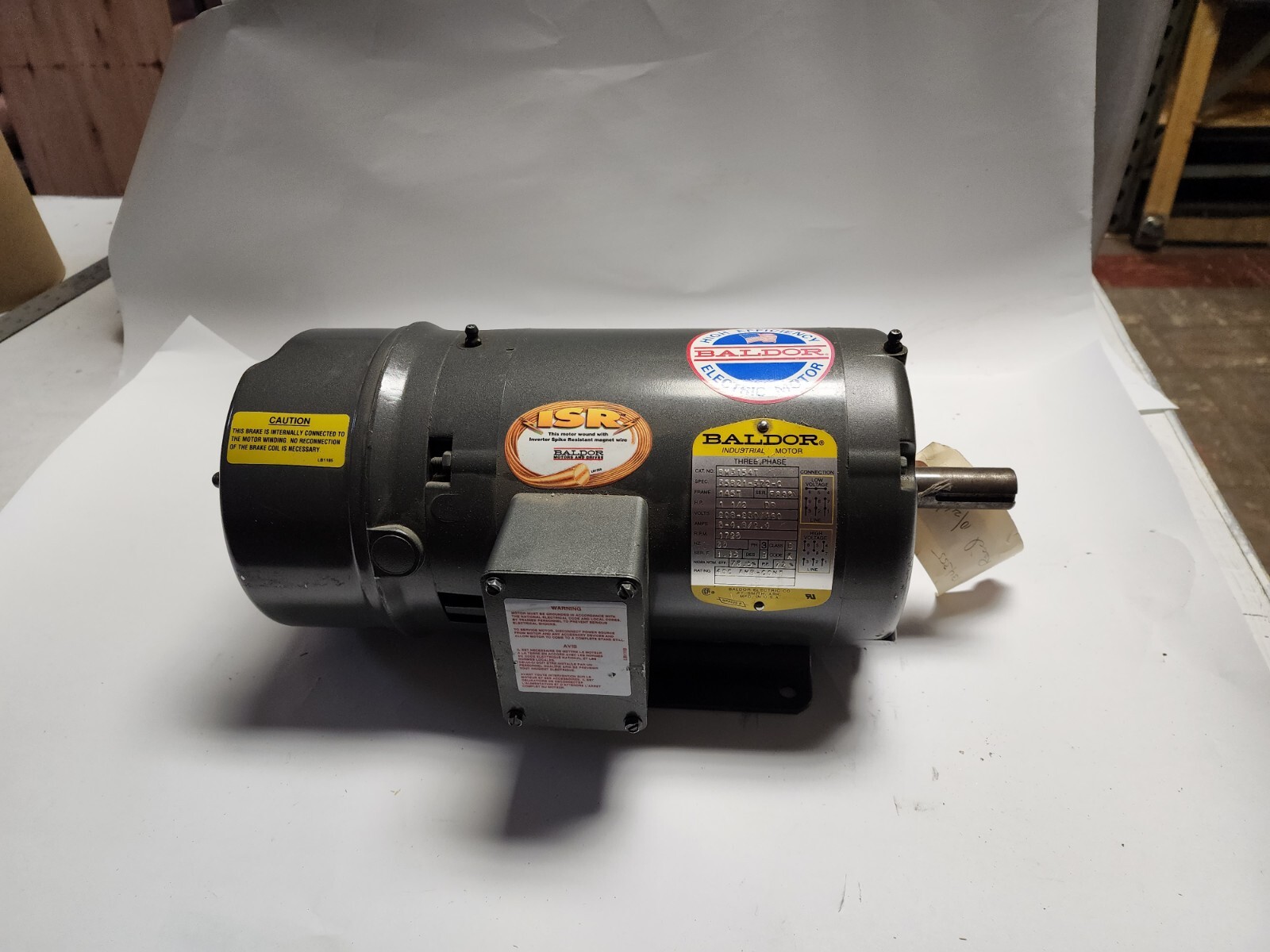 Baldor 1-1/2 HP 3 Ph. 1725 RPM Inverter Duty Brake Motor 145T Cat No. BM3154T