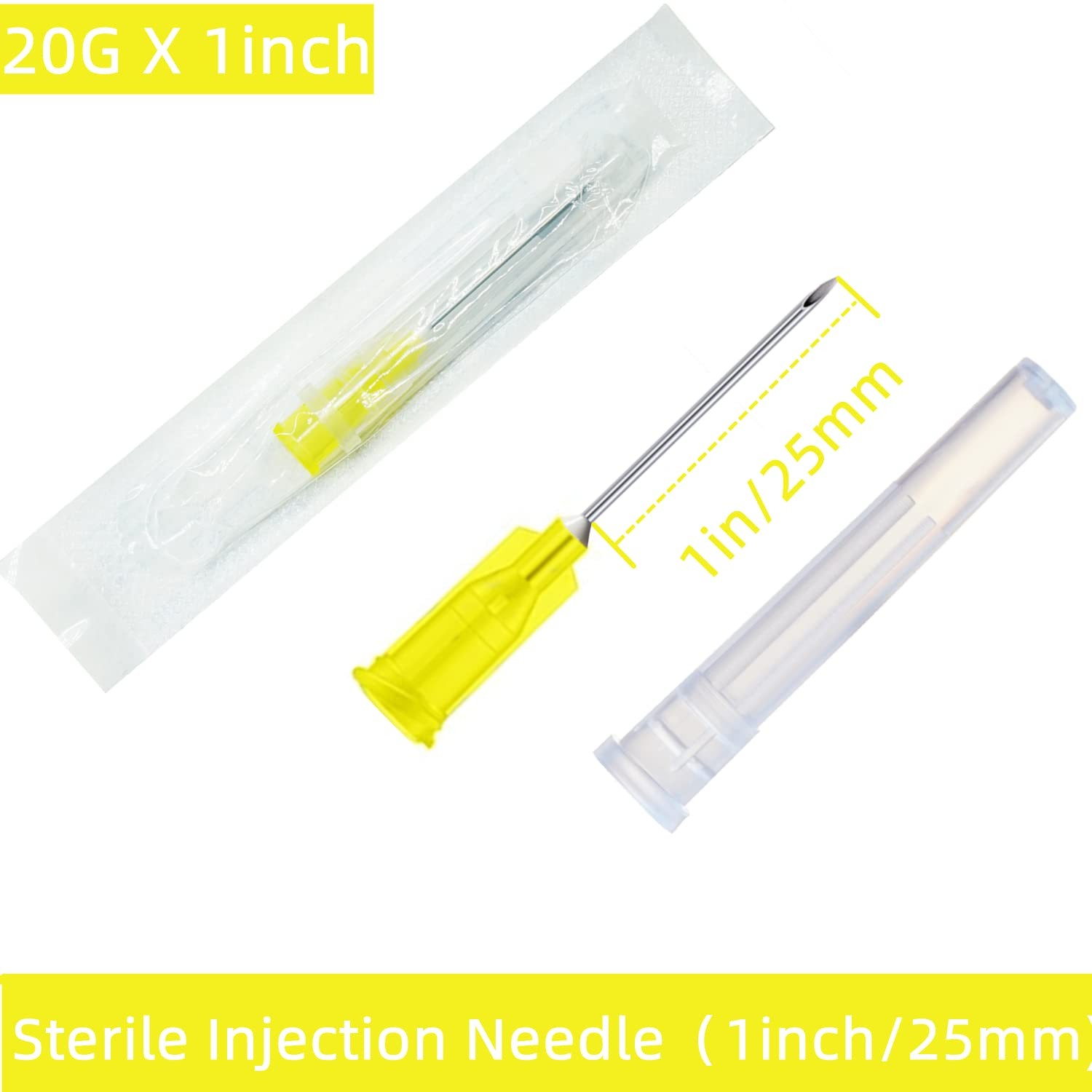 100 Pack 20Ga 1Inch Sterile Disposable Injection Needl with Cap 1 Inch
