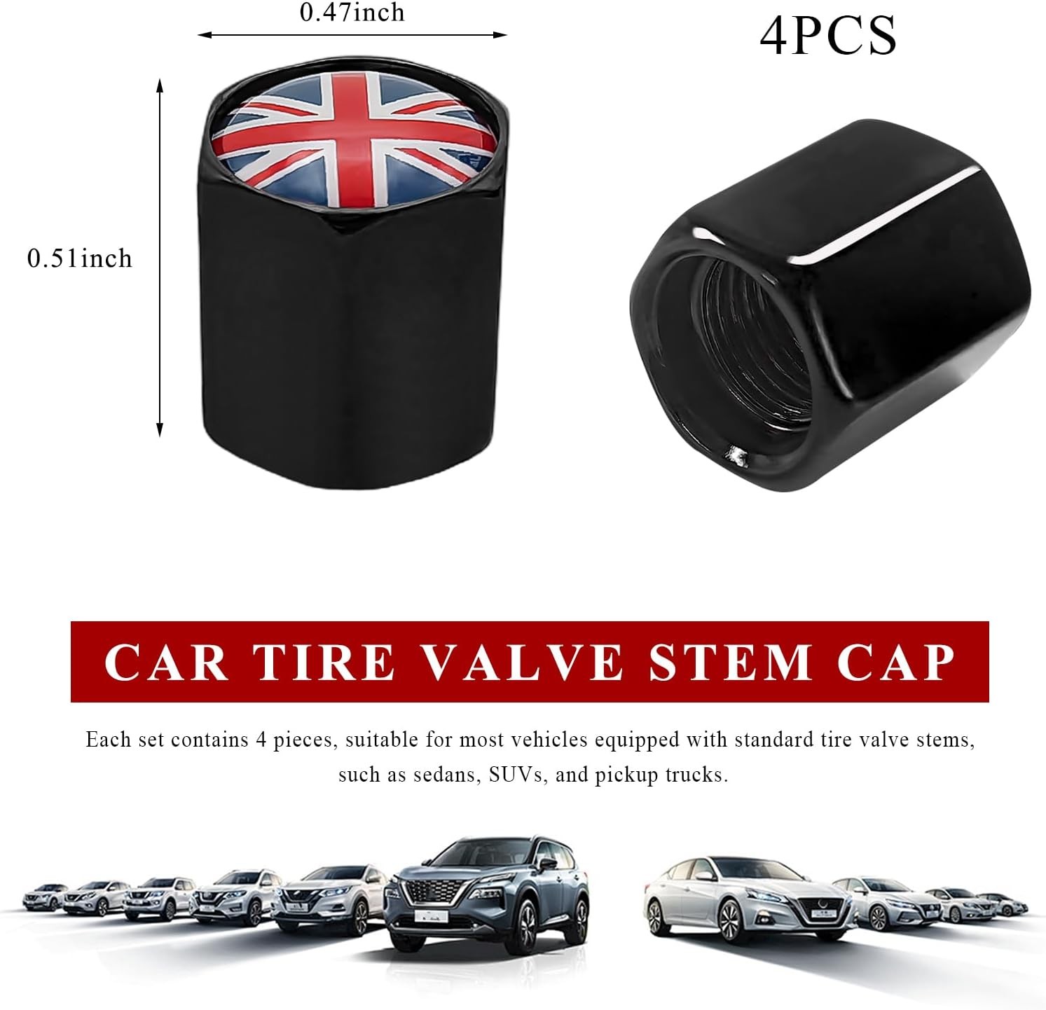 4 PCS Car Tire Valve Stem Caps, National Flag Zinc Alloy Wheel Va Color: Black