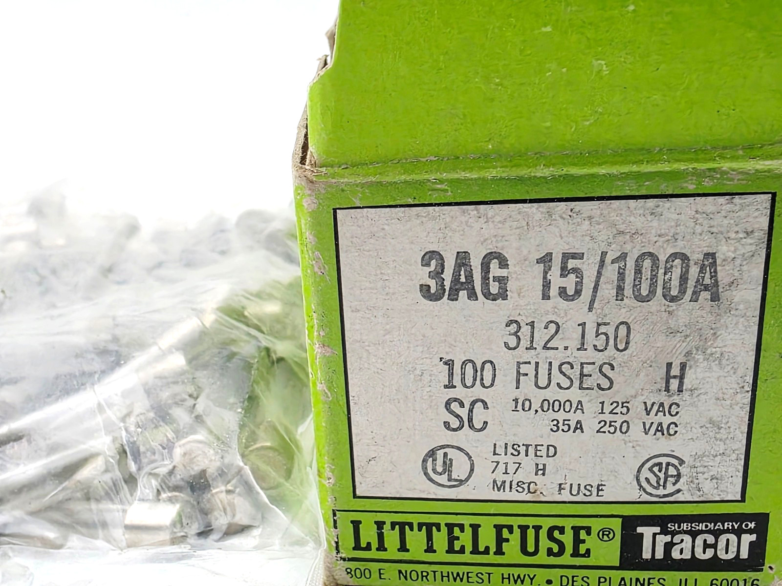 Box of 100 Littelfuse 3AG 15/100A Glass Fuses 15/100th Amp 250 Volt 1/4 x 1-1/4