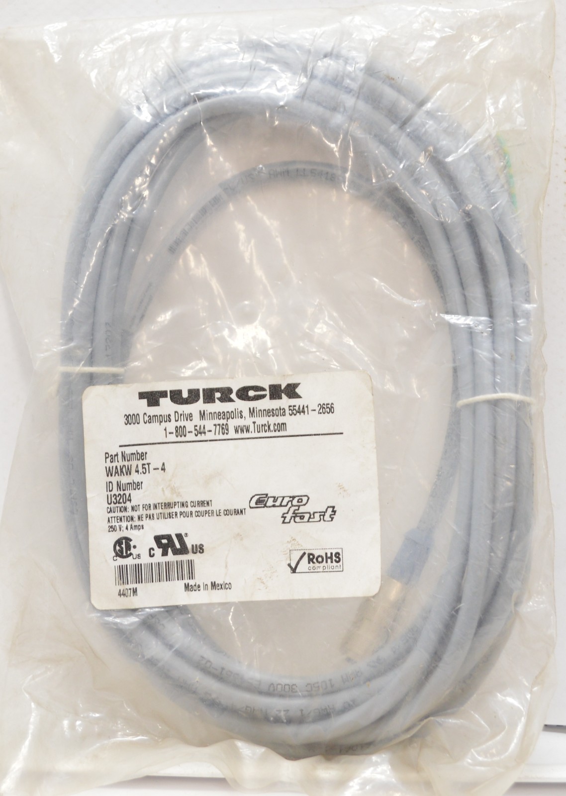 Turck WAKW 4.5T-4 Single Ended Cordset M12 Female to Pigtail 4 Meters – U3204