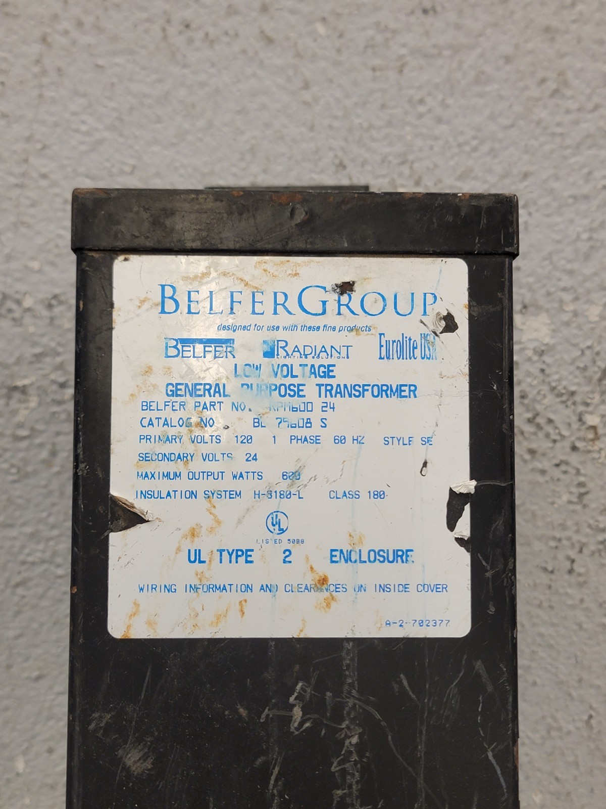 Belfer Lighting Transformer RPM600 24 120VOLTS 1 PHASE 60HZ STYLE SE TYPE 2