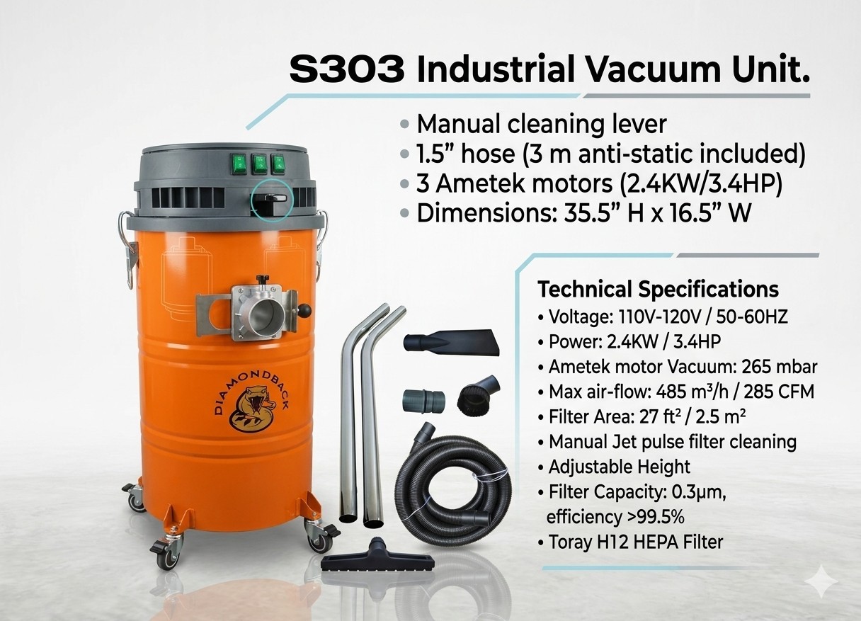 Diamondback 3-Motor Industrial HEPA S303 Industrial Vacuum Unit Manual Cleaning