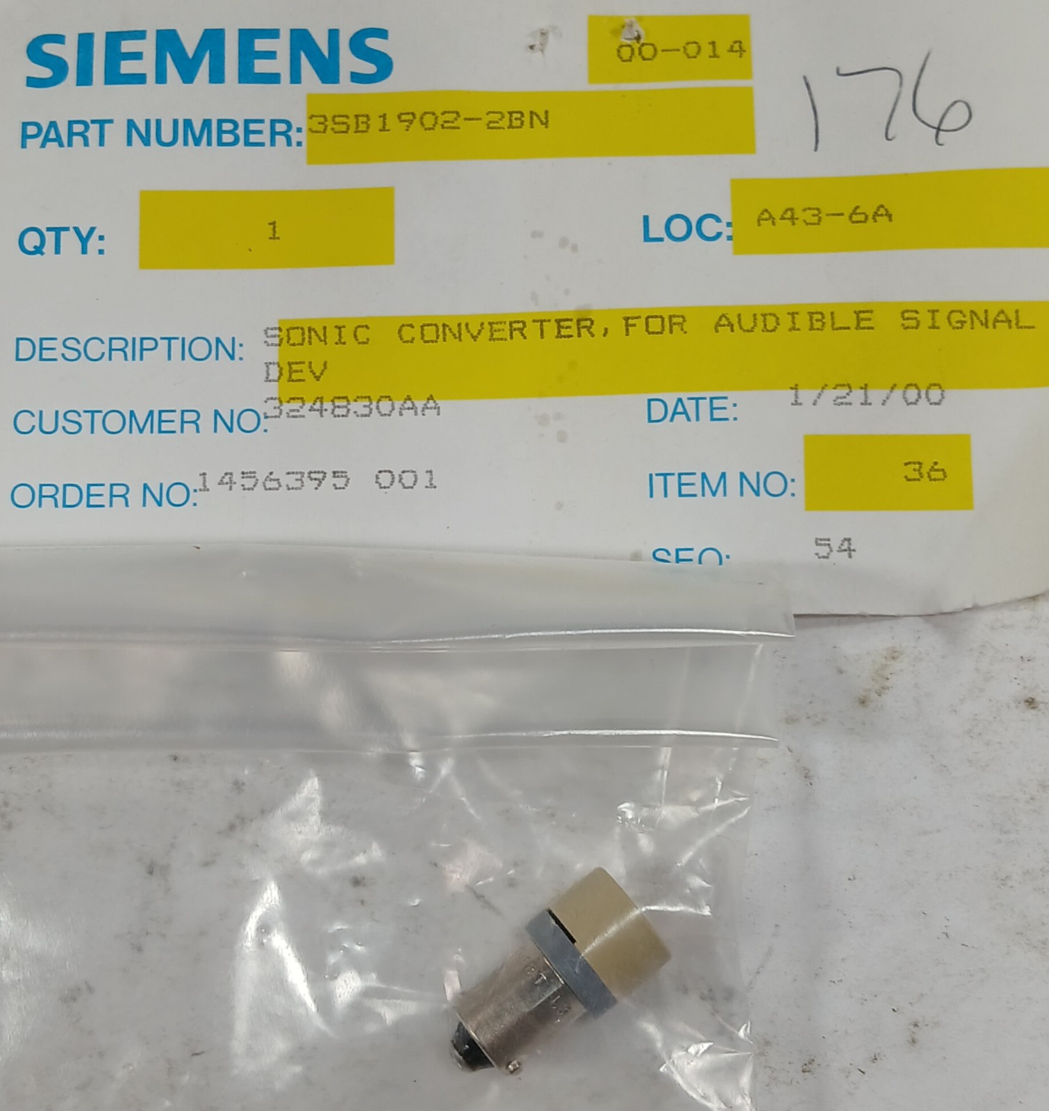 1 NEW SIEMENS 3SB1902-2BN CONVERTER FOR AUDIBLE SIGNAL DEVICE NNB **MAKE OFFER**