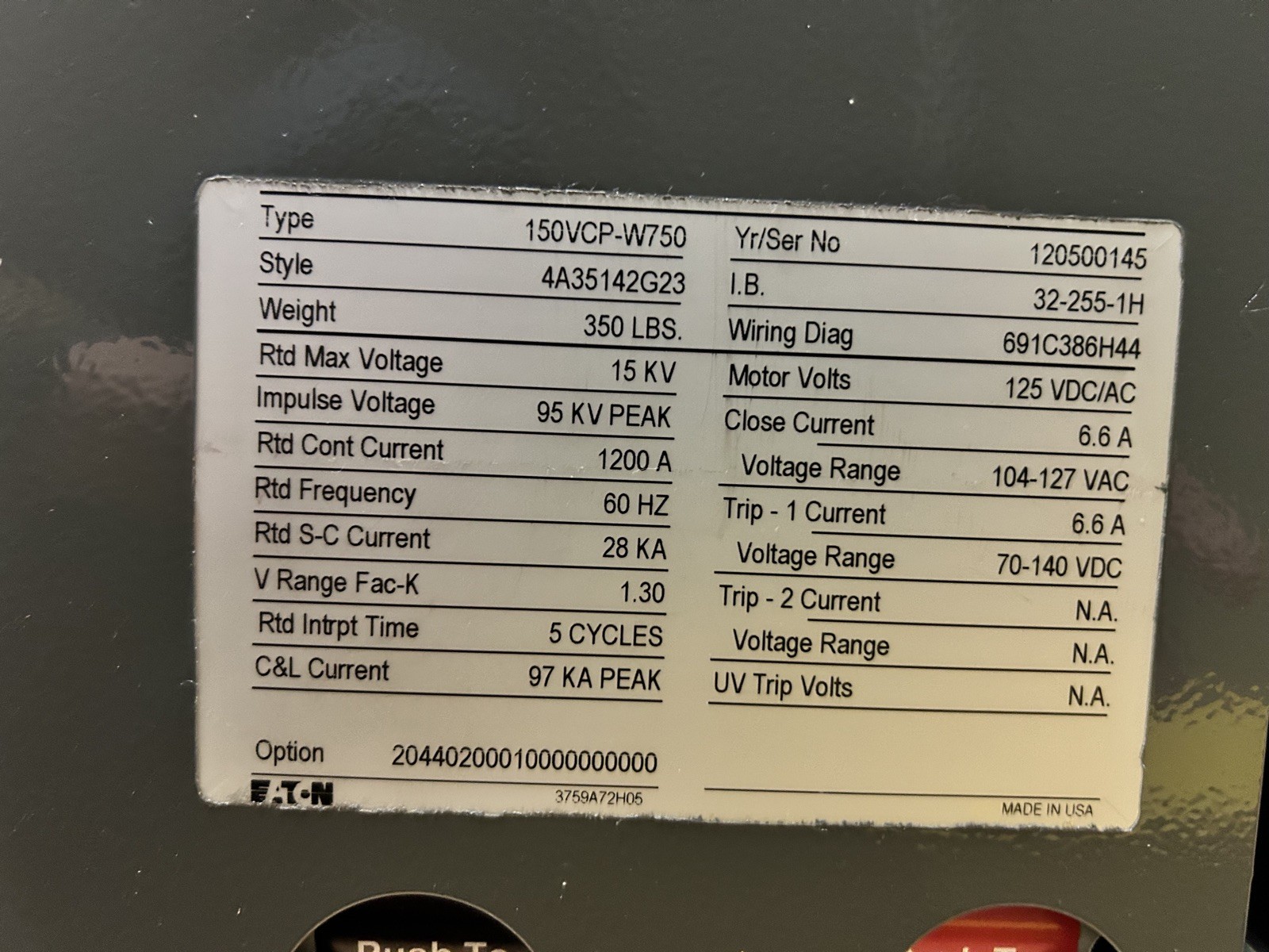 EATON CUTLER-HAMMER 150VCP-W750 15KV 1200AMP VACUUM CIRCUIT POWER BREAKER