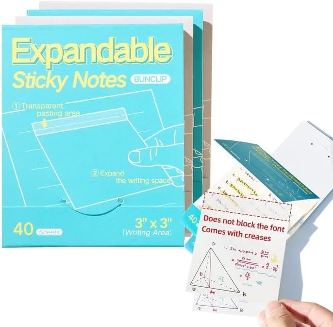 Expandable Sticky Notes, 4 Pack 3×3 Inch White Self-Stick Pads | 40 sheets per
