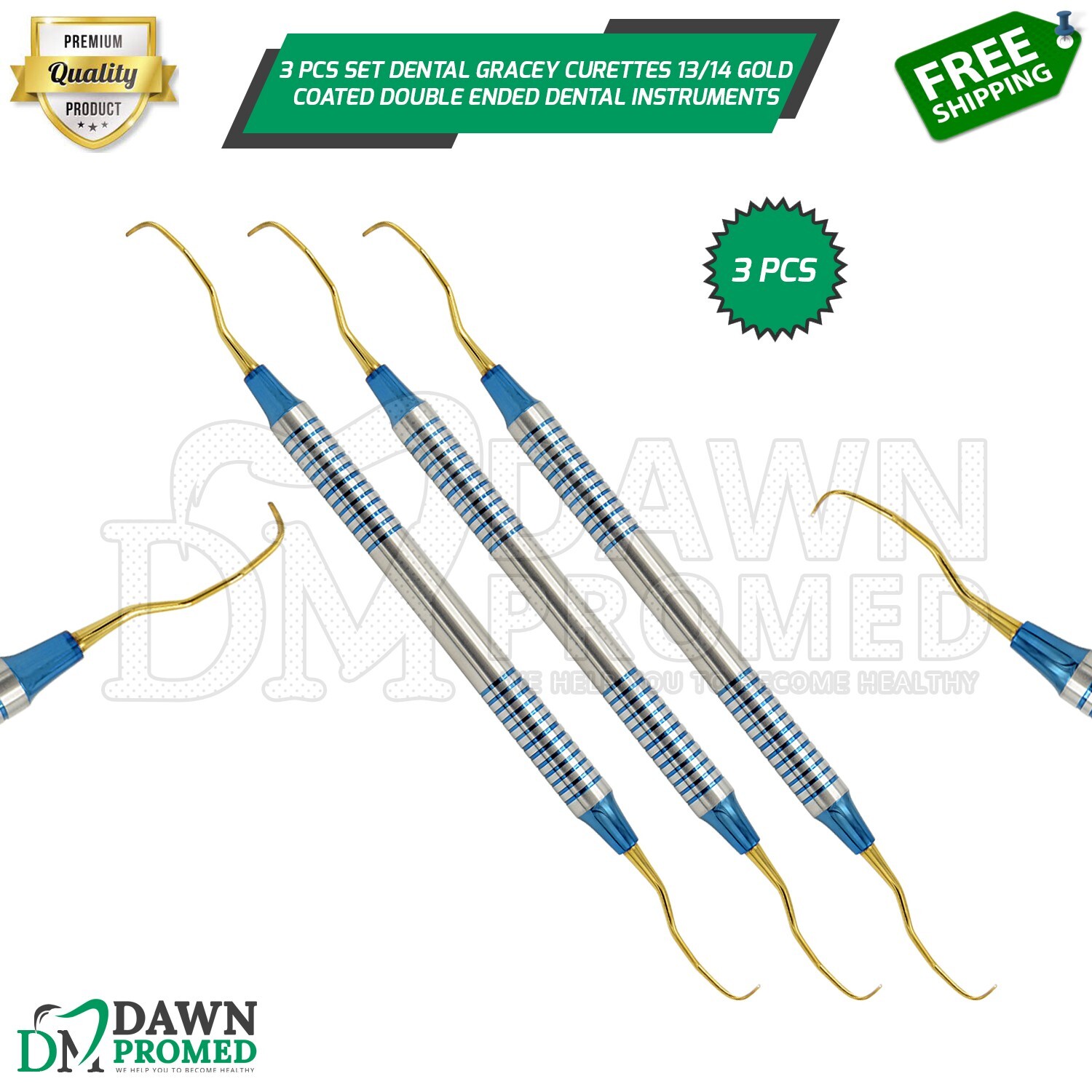 3 Pcs Set Dental Gracey Curettes 13/14 Gold Coated Double Ended Inst German Gr