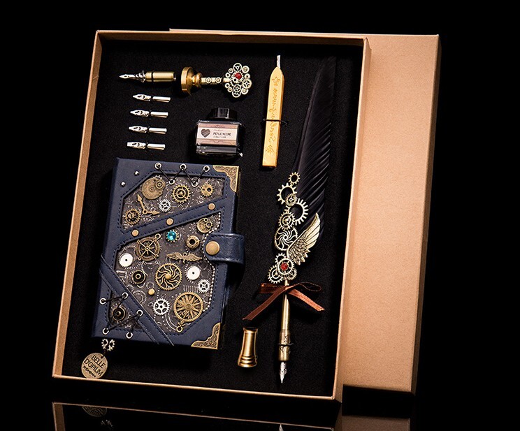 Handmade Steampunk Notebook Leather Journal with customized bookmark and stamp