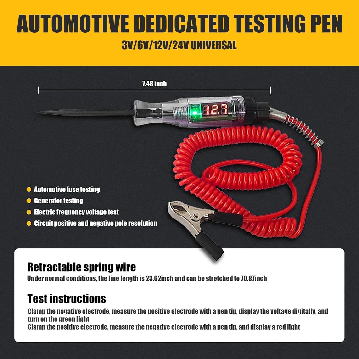 Pack-1 Automotive Test Light Digital LED Circuit Tester, DC 3V/6V/12V/24V